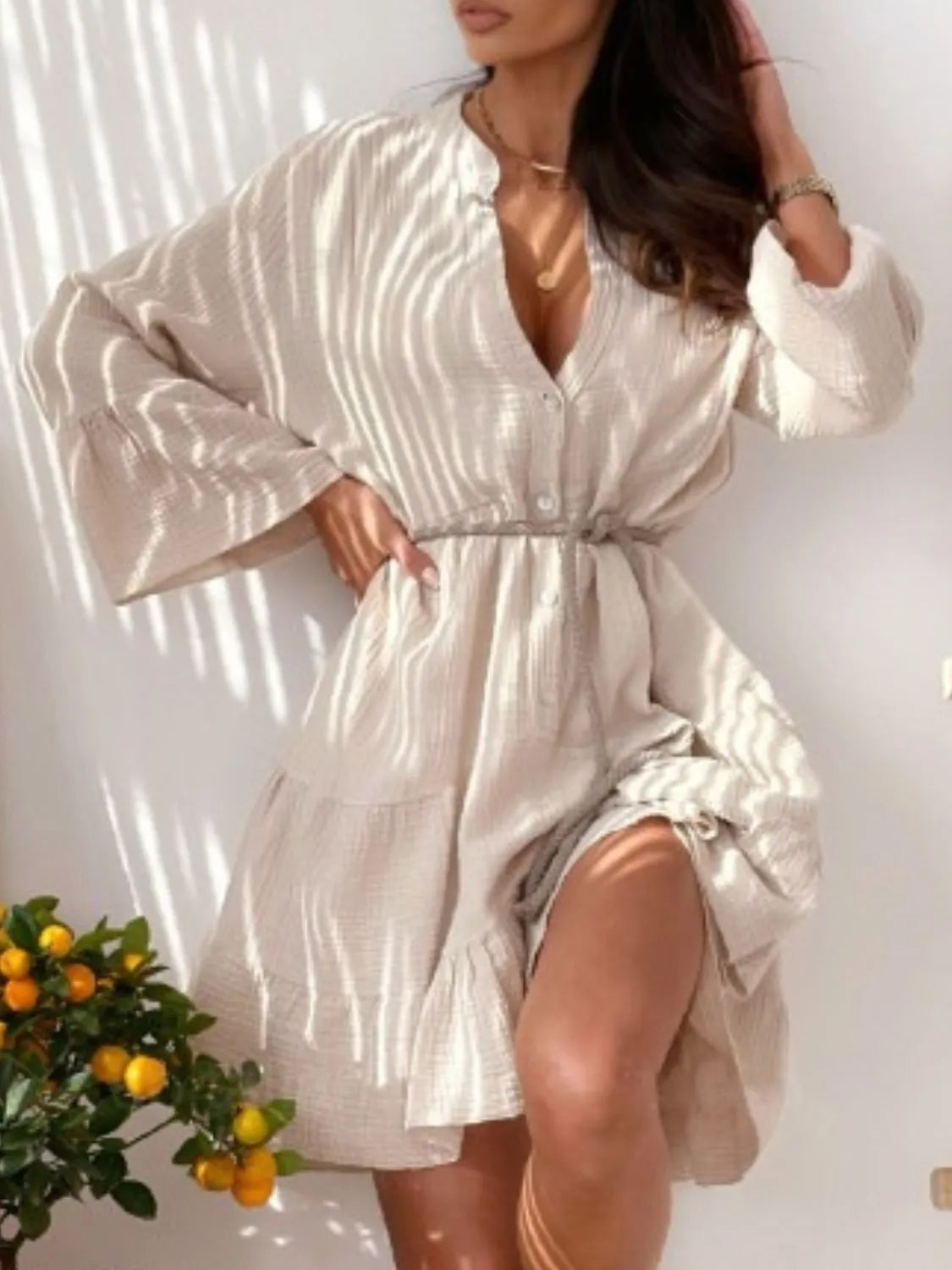 Buy Button Detail Notched Long Sleeve Dress by Faz