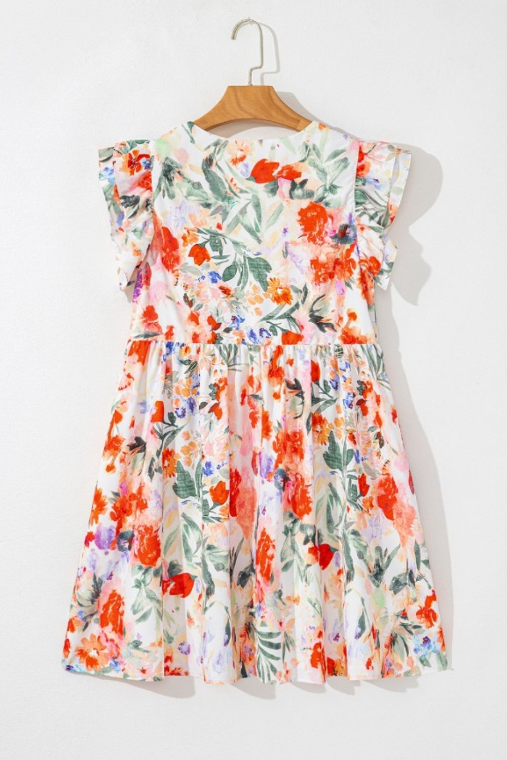 Buy Floral Double Ruffle Sleeve V Neck Mini Dress by Faz