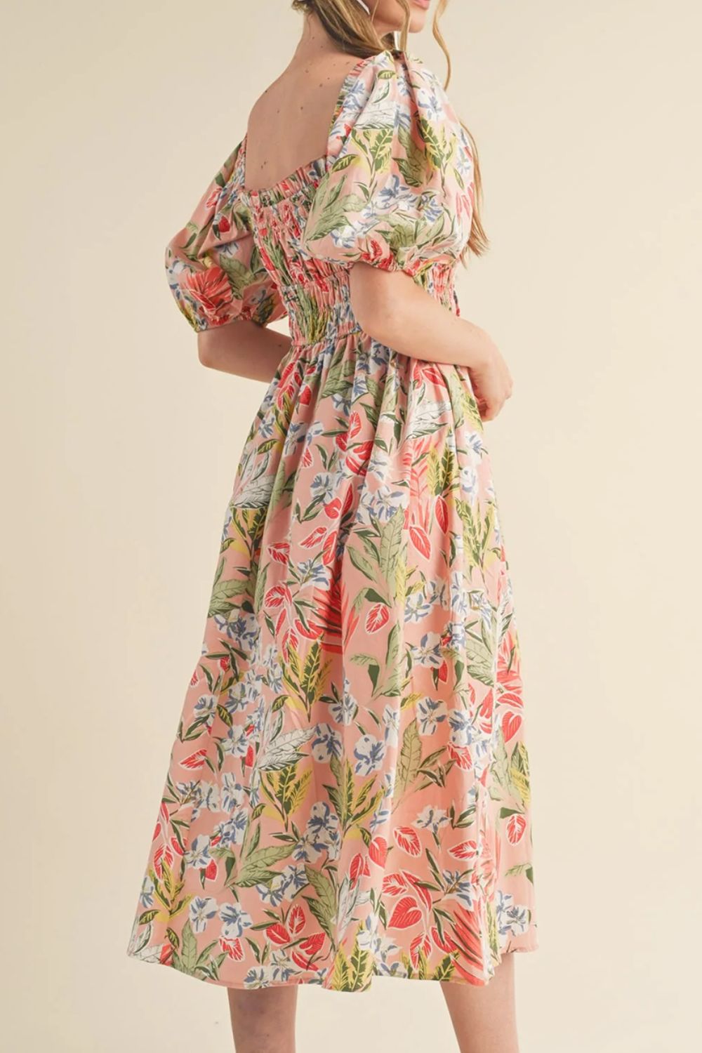 Buy Floral Smocked Square Neck Puff Short Sleeve Midi Dress by Faz