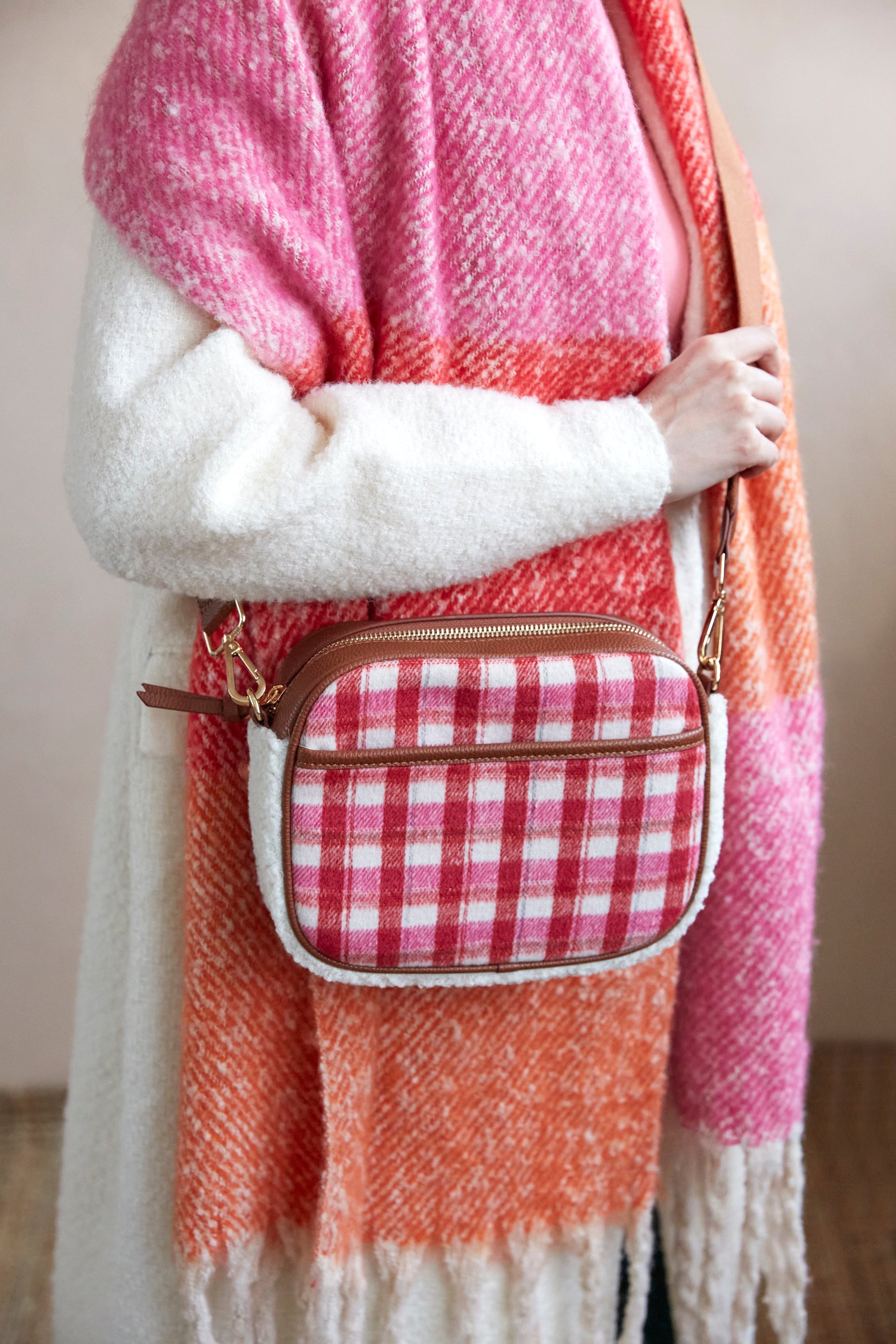 Plaid Mirabel Camera Cross-body Bag, Pink and Red