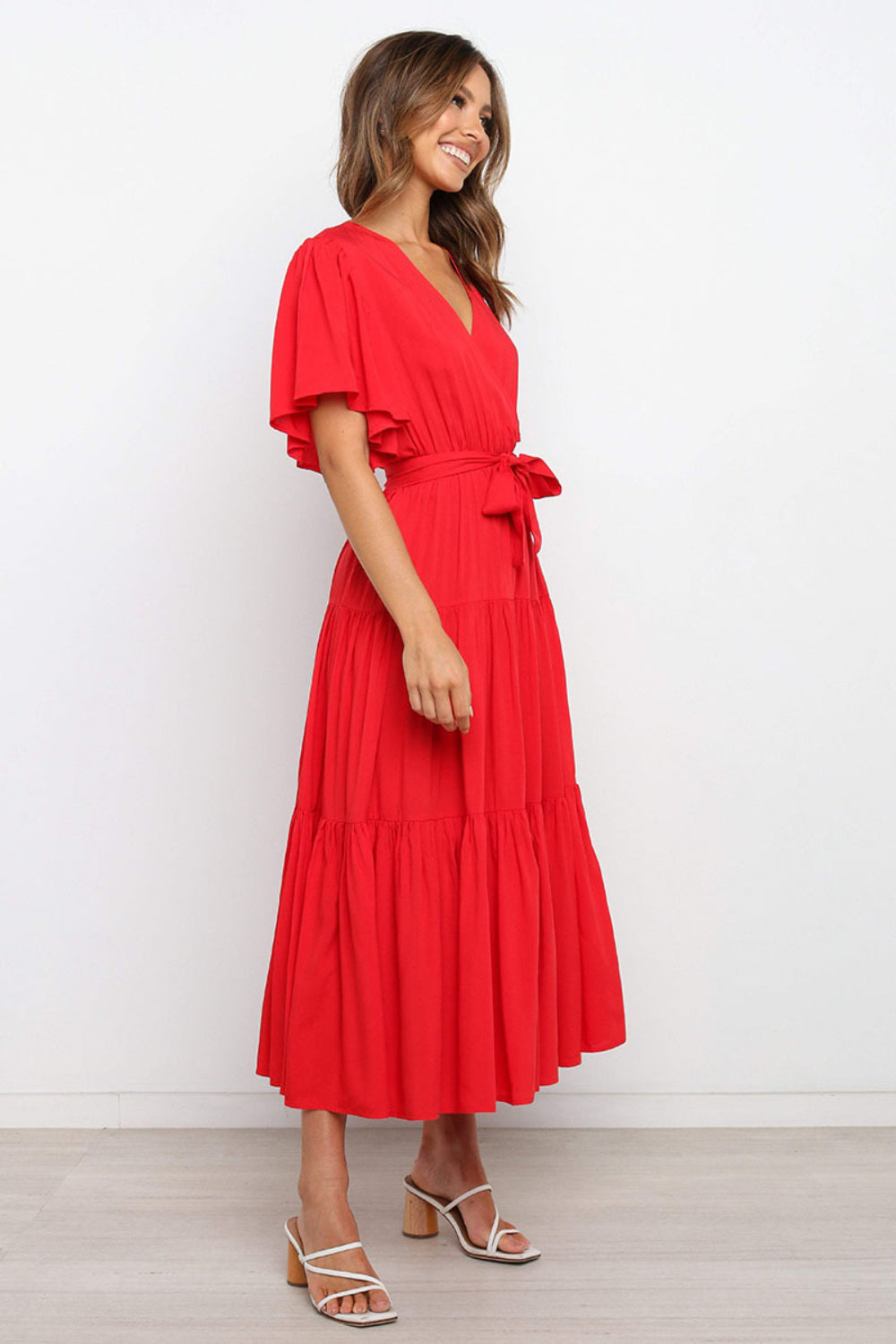Buy Front Tie Short Sleeve Tiered Midi Dress by Faz