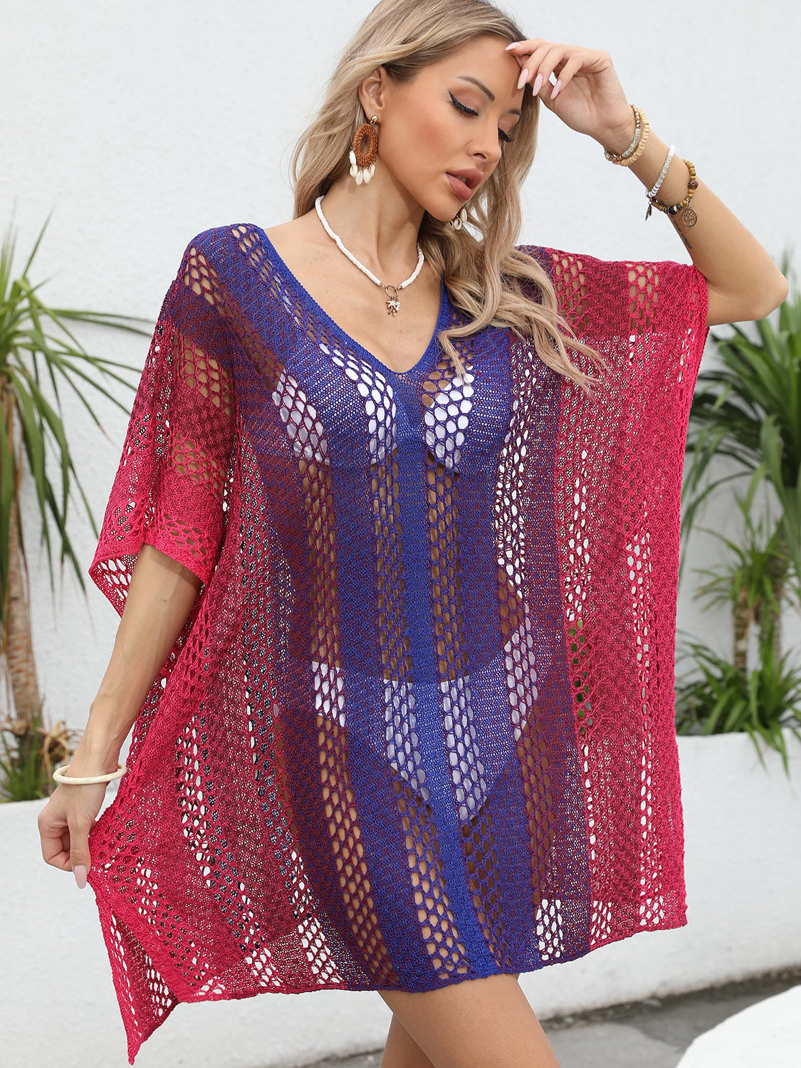 Buy Openwork Contrast V-Neck Cover-Up by Faz