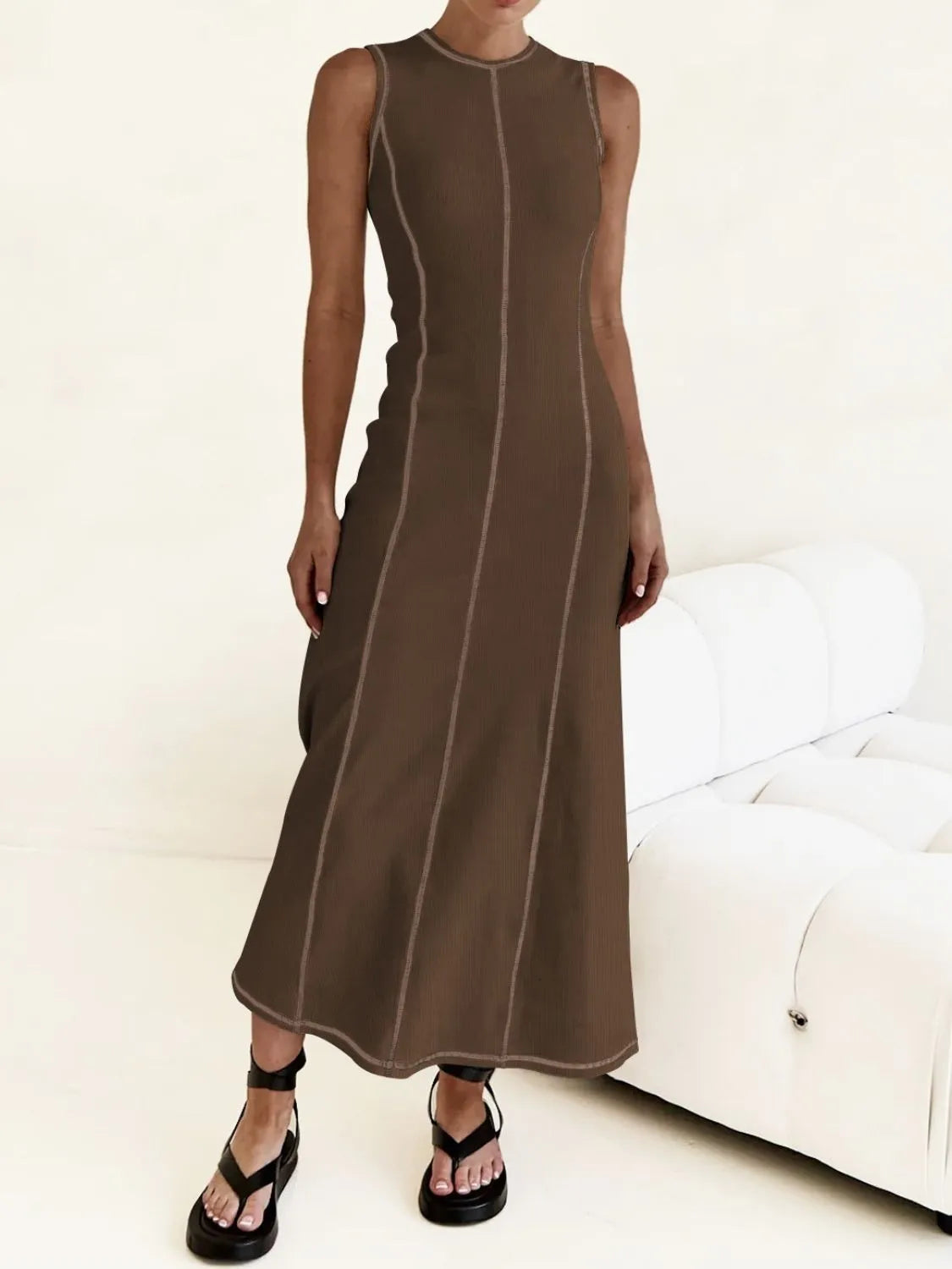 Buy Contrast Stitching Round Neck Sleeveless Midi Dress by Faz
