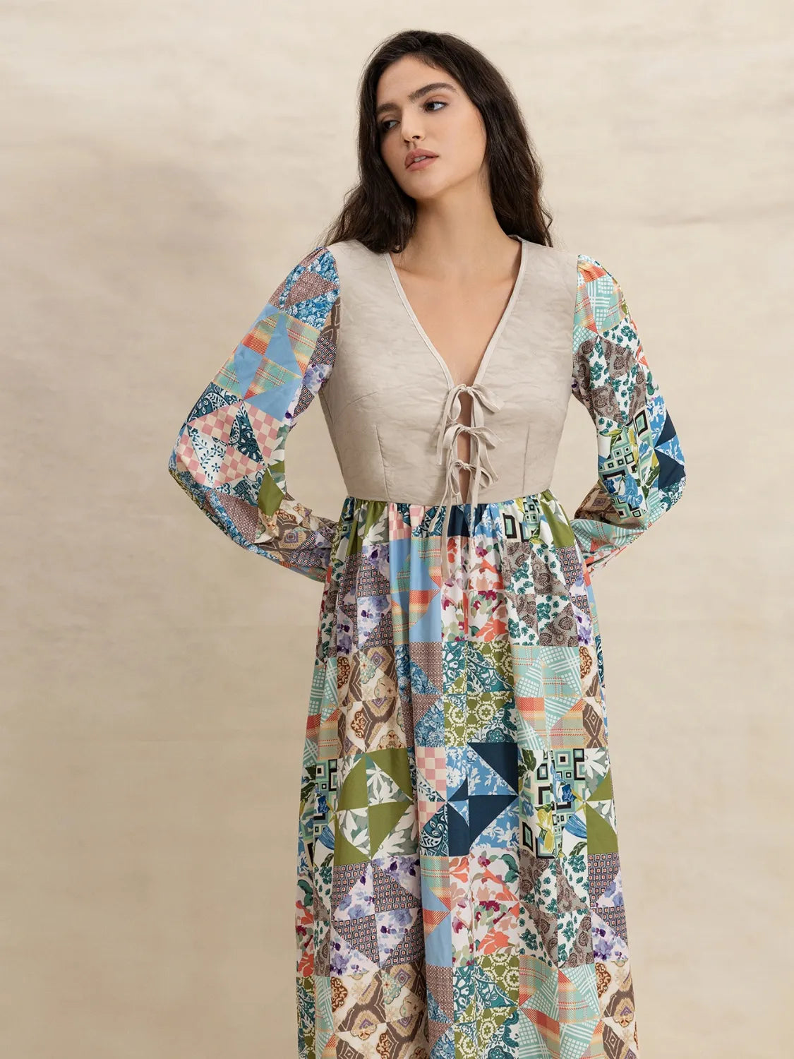 Buy Tied Front Printed Long Sleeve Maxi Dress by Faz