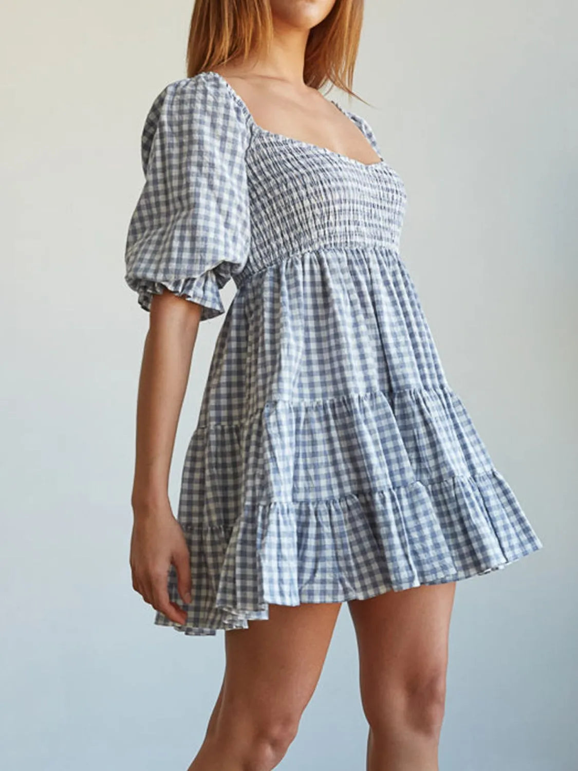 Ruffled Hem Plaid Half Sleeve Mini Dress