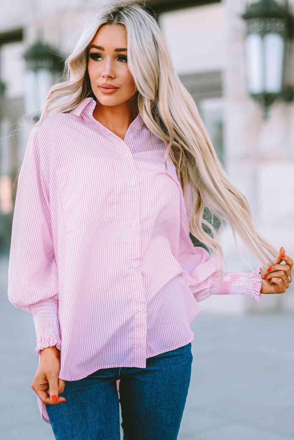 Buy Striped Lantern Sleeve Collared Shirt by SYNZ