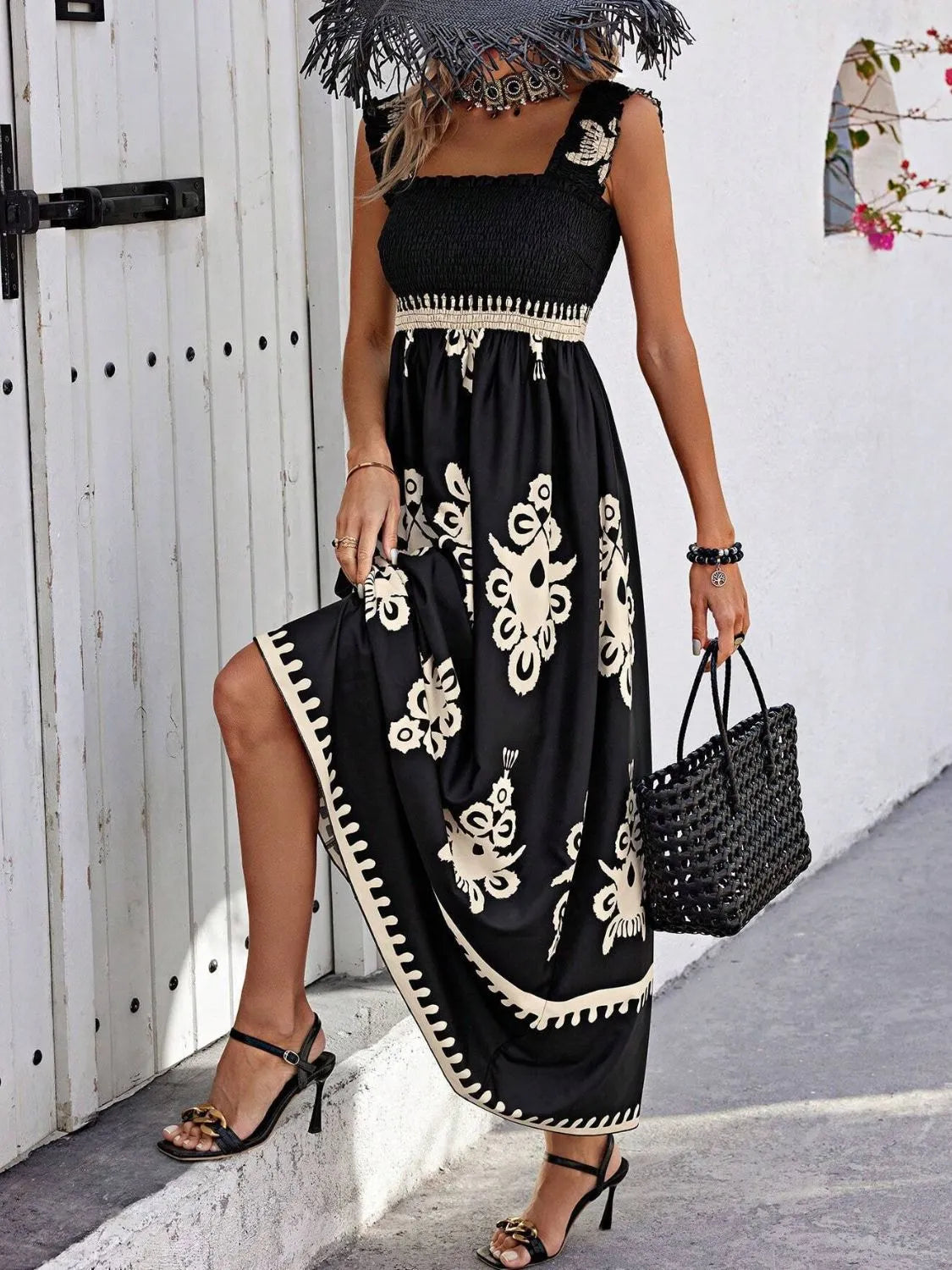 Buy Smocked Printed Wide Strap Maxi Dress by Faz