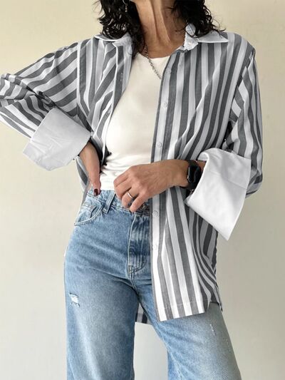 Buy Striped Collared Neck Long Sleeve Shirt by YO