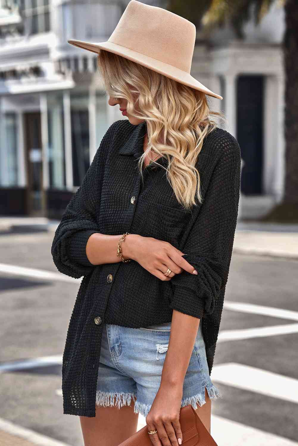 Buy Waffle-Knit Collared Neck Dropped Shoulder Shirt by SYNZ