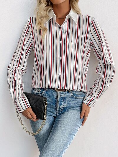 Buy Contrast Striped Collared Neck Long Sleeve Shirt by Perfee