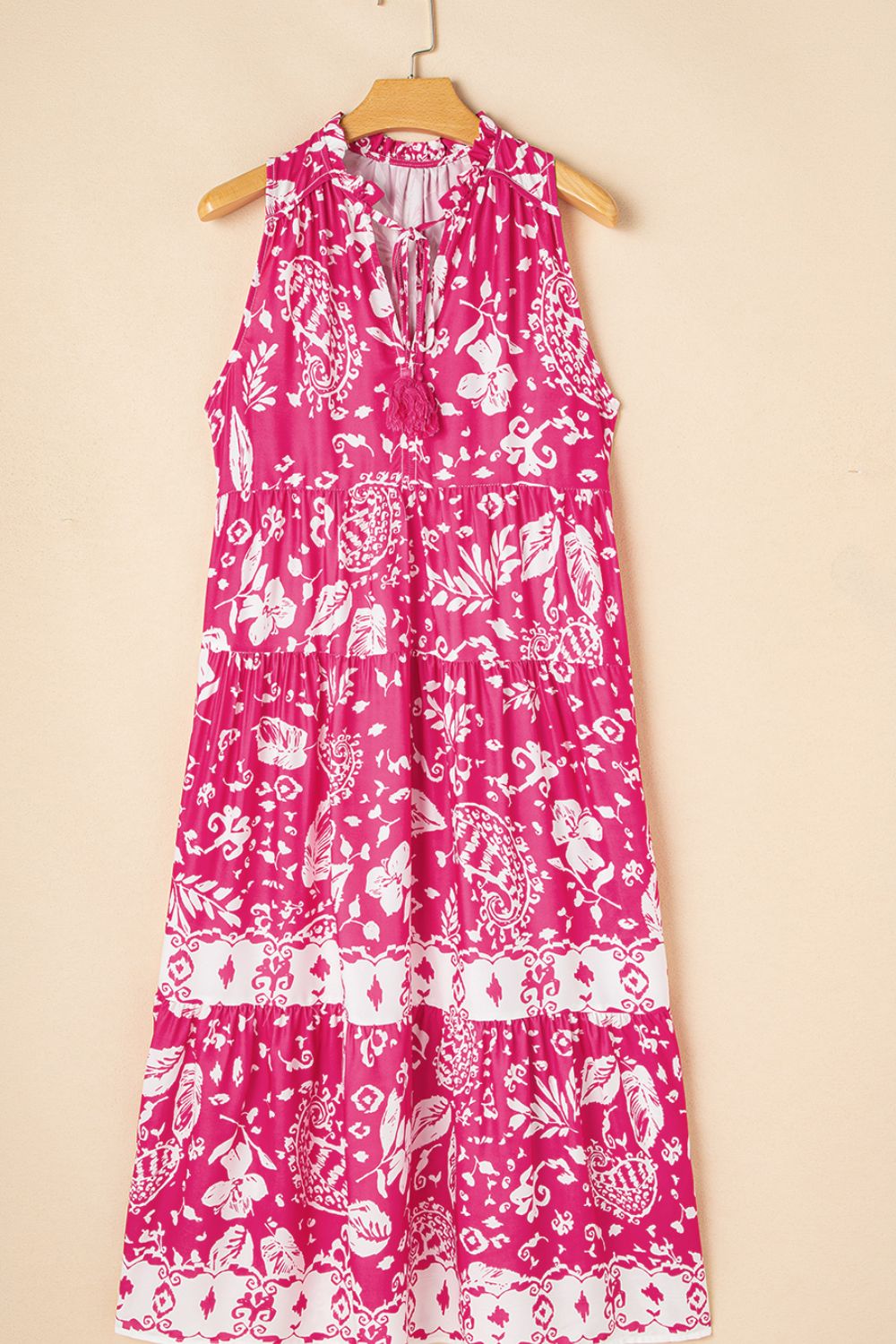 Buy Floral Sleeveless Tasseled Tie Neck Tiered Midi Dress by Faz