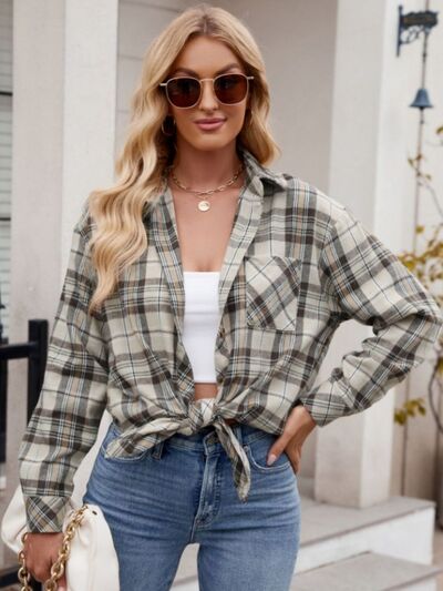 Buy Pocketed Plaid Collared Neck Long Sleeve Shirt by Mandy