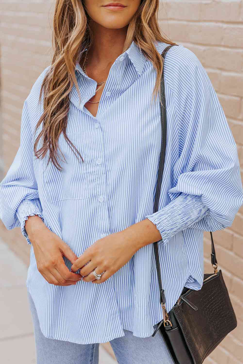 Buy Striped Lantern Sleeve Collared Shirt by SYNZ
