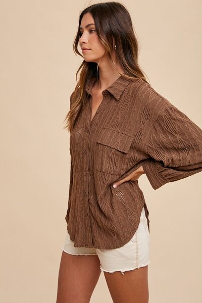 Buy Openwork Button Down Drop Shoulder Shirt by Annie Wear