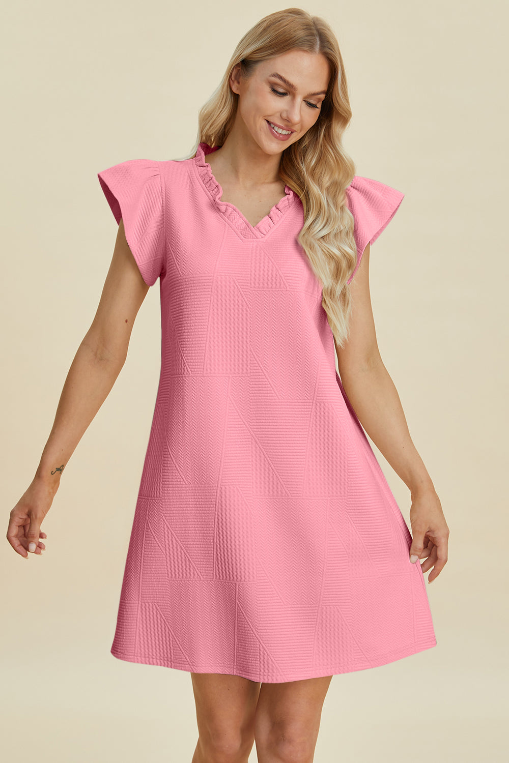 Buy Full Size Ruffled V-Neck Cap Sleeve Dress by Faz