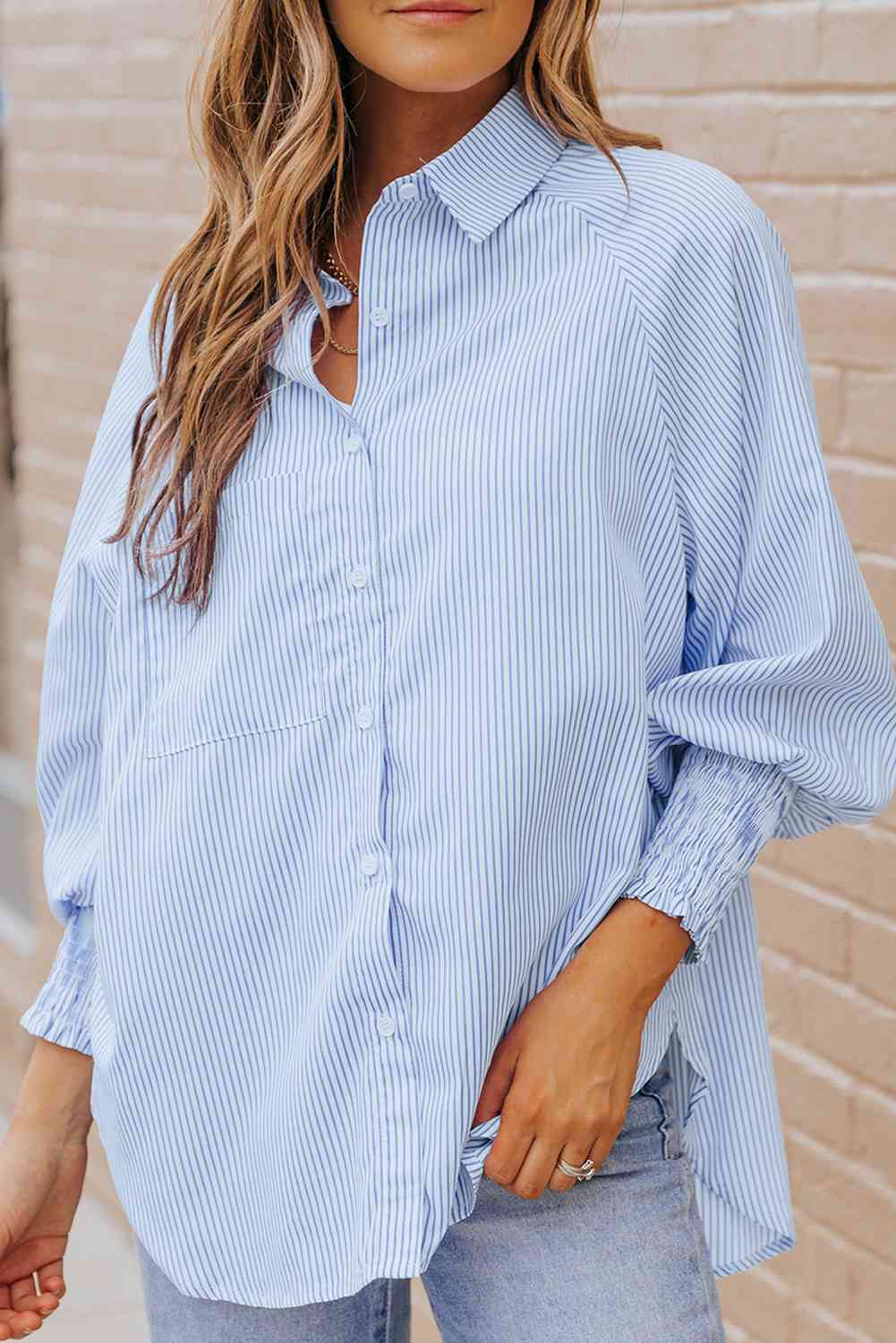 Buy Striped Lantern Sleeve Collared Shirt by SYNZ