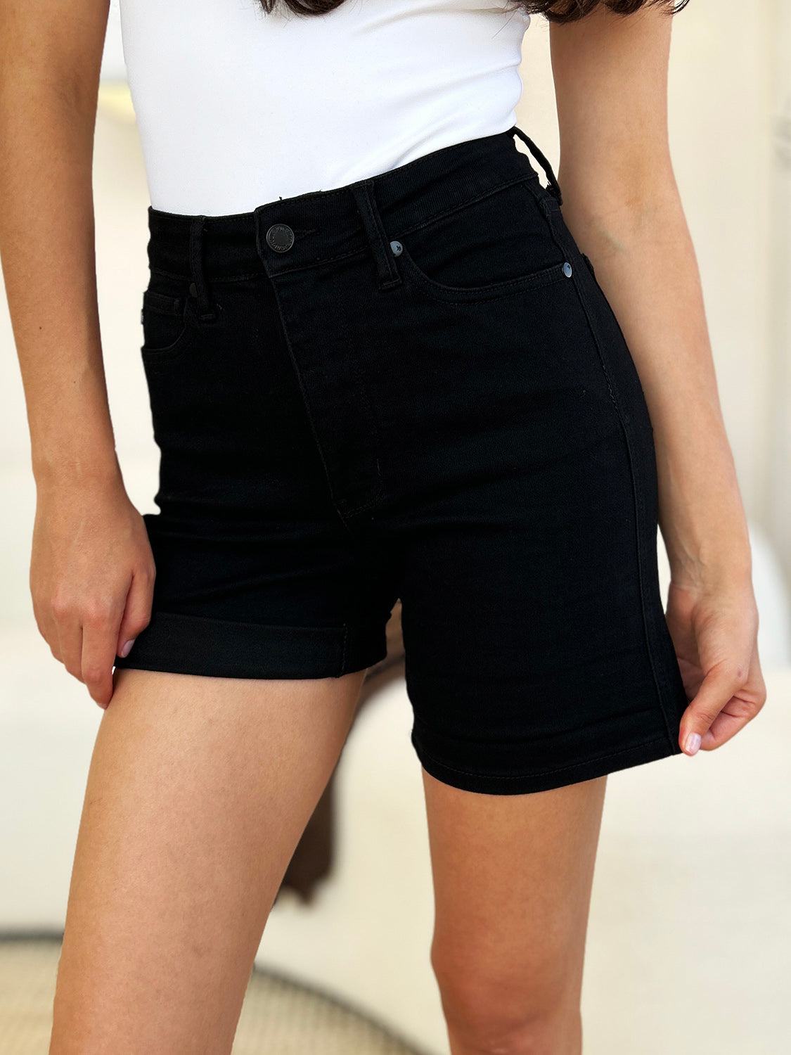 Buy Full Size High Waist Tummy Control Cuffed Denim Shorts by Faz