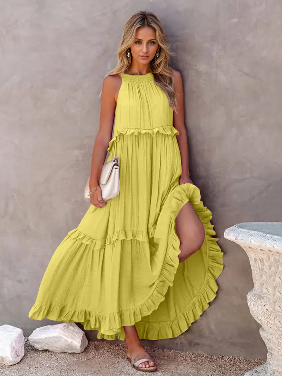 Buy Ruffled Sleeveless Tiered Maxi Dress with Pockets by Faz