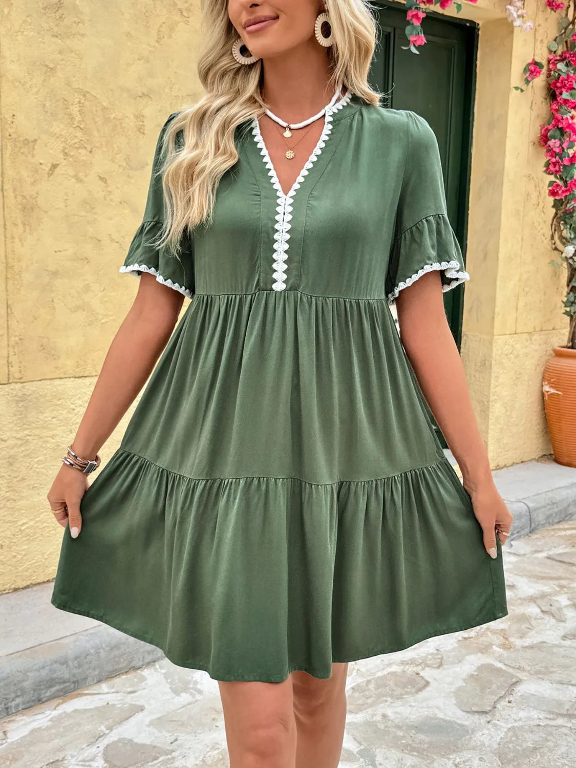 Buy Lace Detail Notched Flounce Sleeve Mini Dress by Faz
