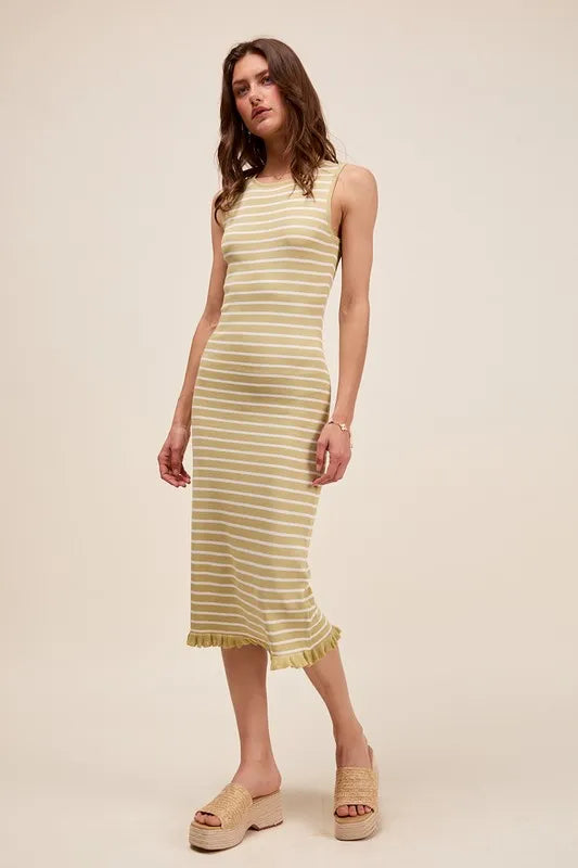 Buy Stripe Sleeveless Sweater Knit Maxi Dress With Ruffled Hem by Faz