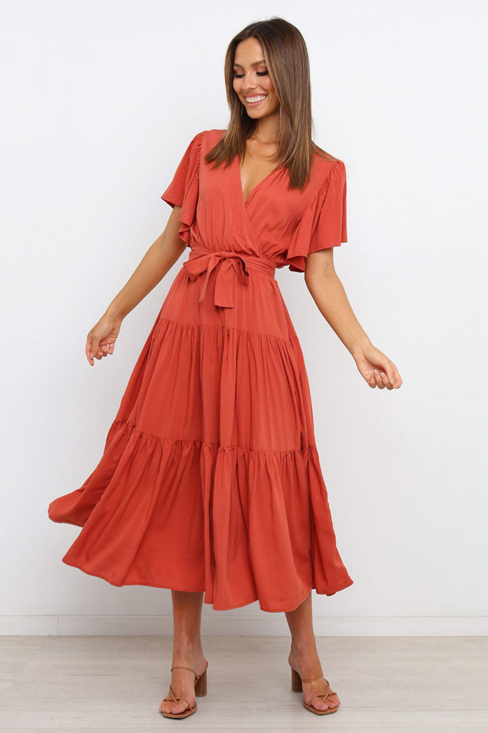 Buy Tied Tiered Short Sleeve Midi Dress by Faz