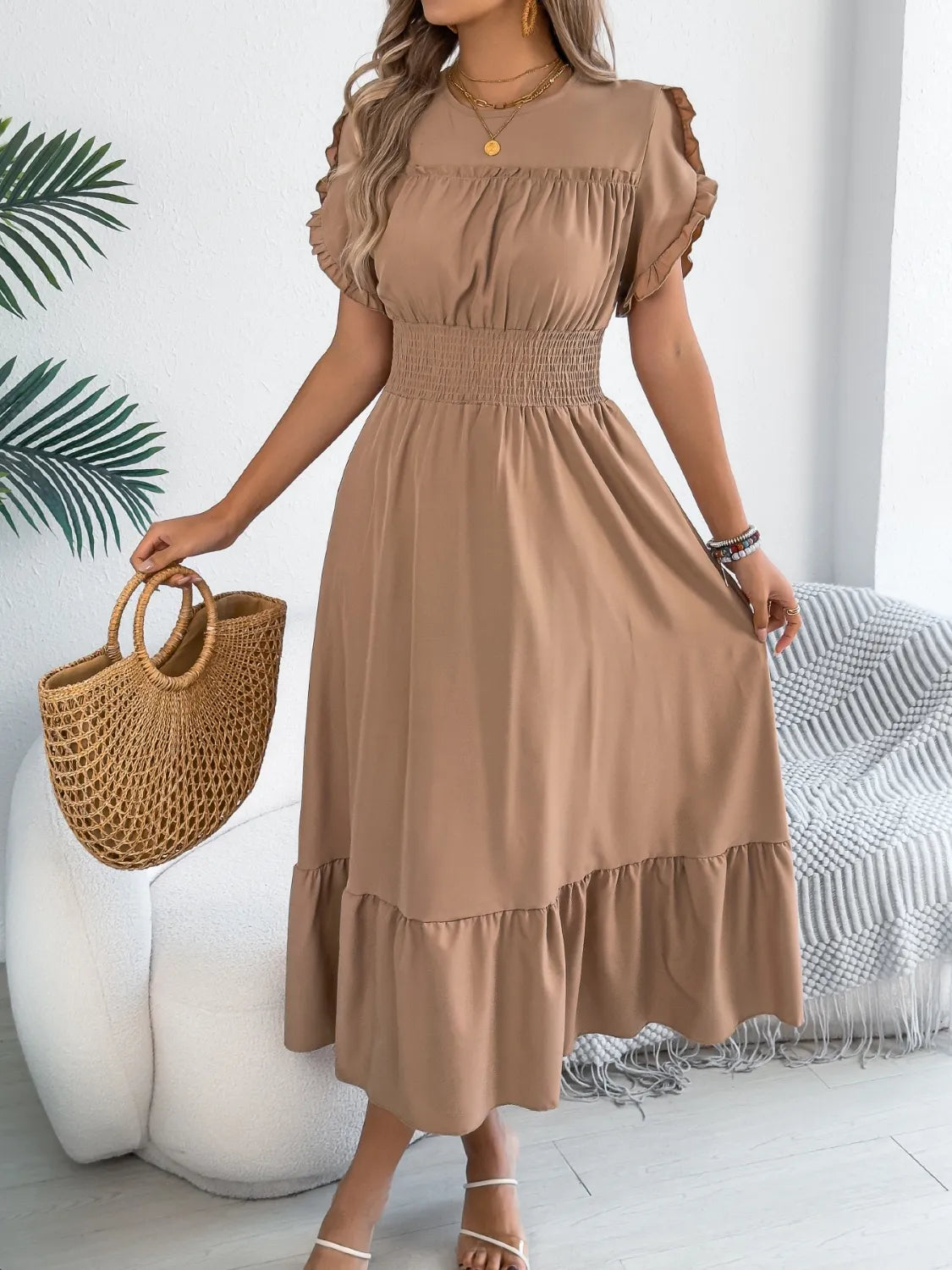 Buy Smocked Frill Round Neck Midi Dress by Faz