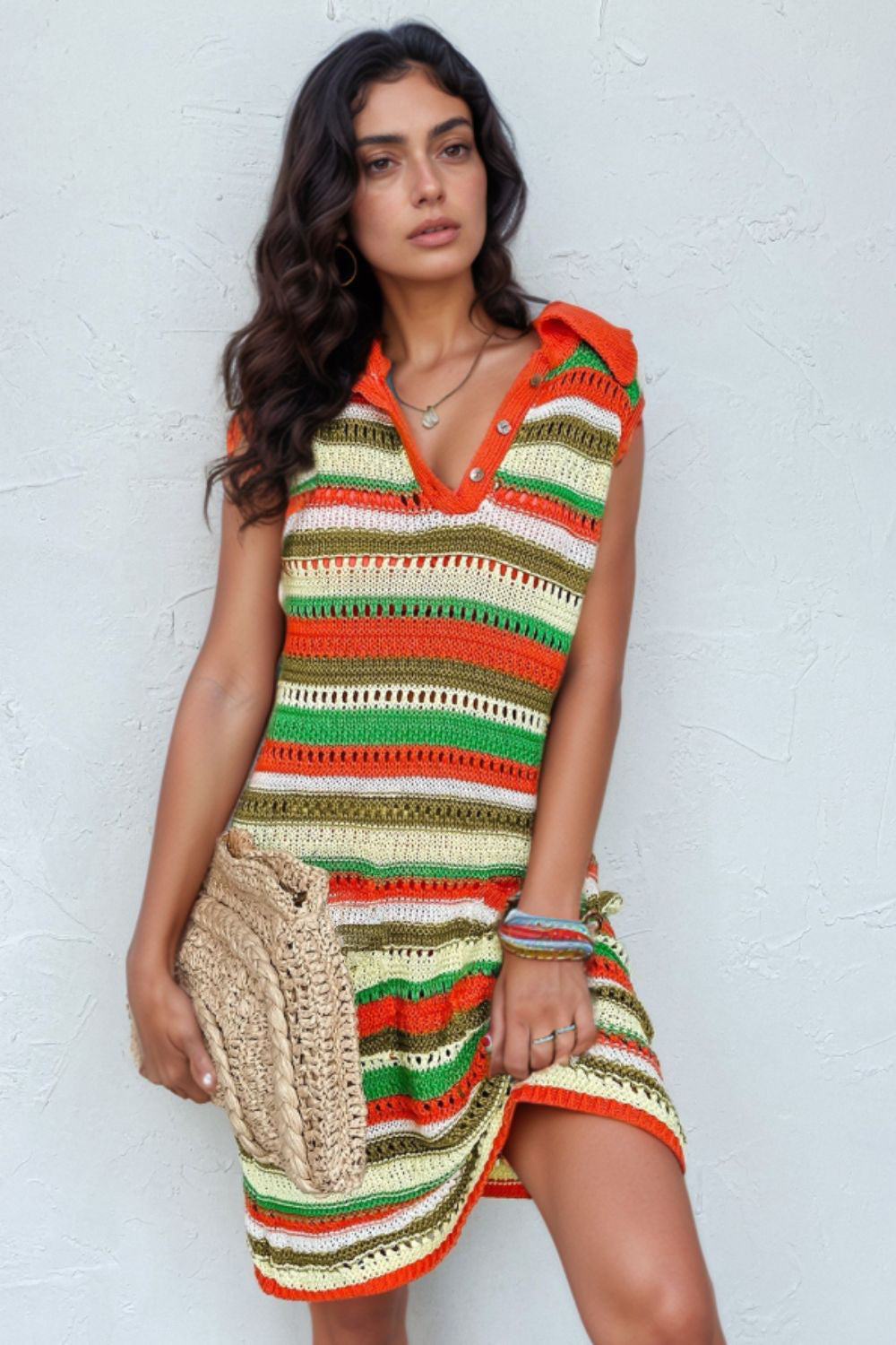 Buy Openwork Stripe Sleeveless Sweater Dress by Faz