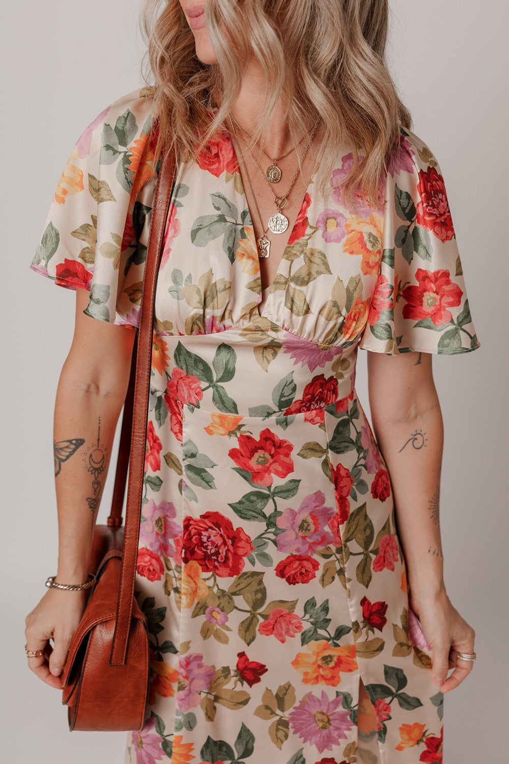 Buy Floral Short Sleeve Tie Back Slit Dress by Faz