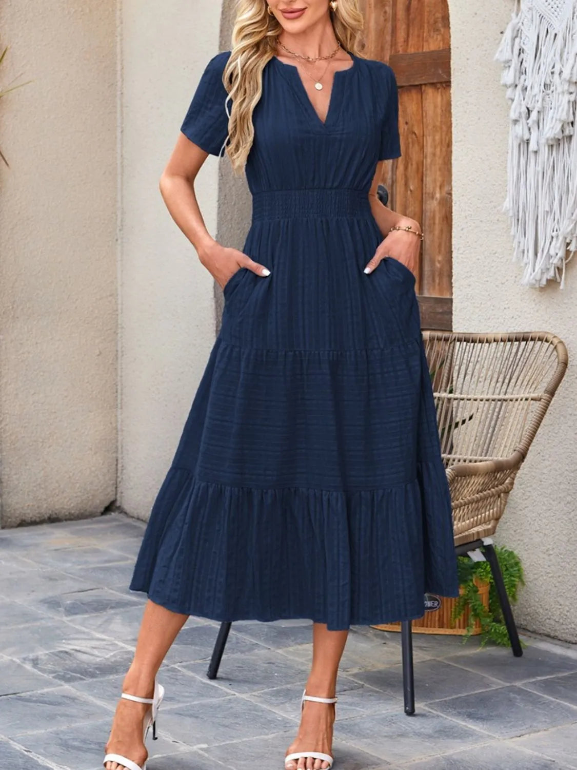 Buy Tiered Notched Short Sleeve Dress by Faz