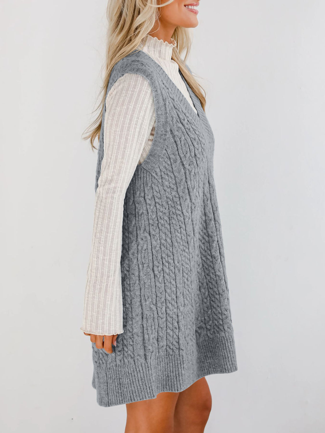 Cable Knit V-Neck Mini Sweater Overall Dress