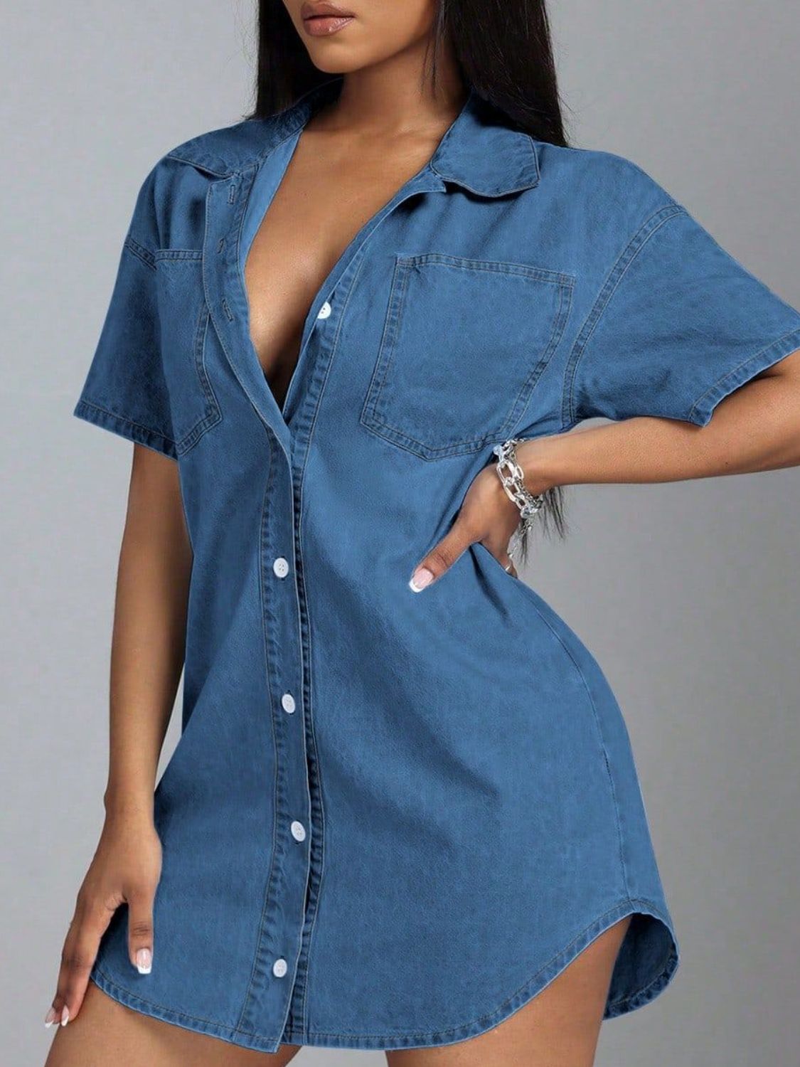 Buy Button Down Collared Neck Denim Dress by Faz