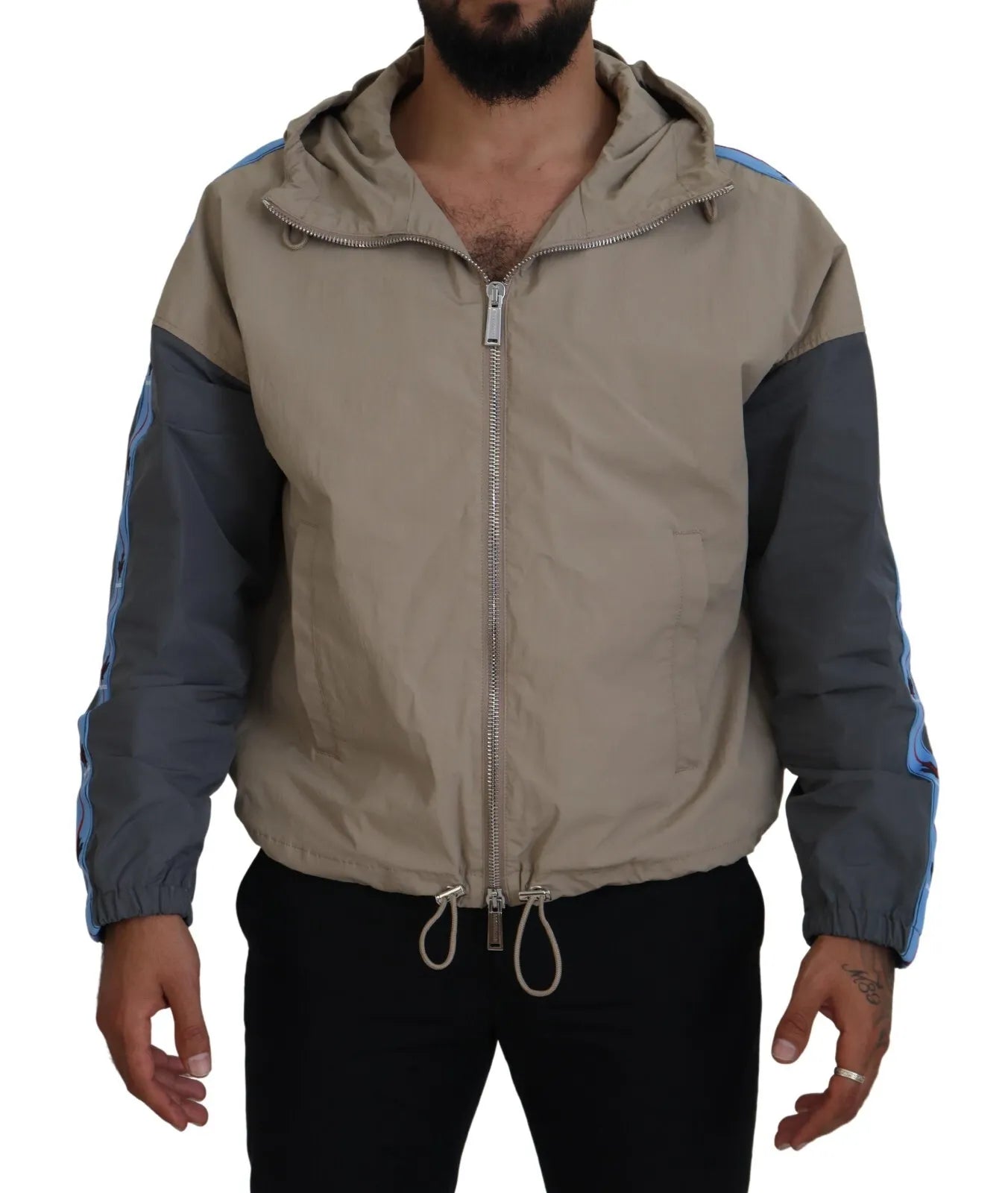 Brown Gray Sleeves Hooded Full Zip Jacket