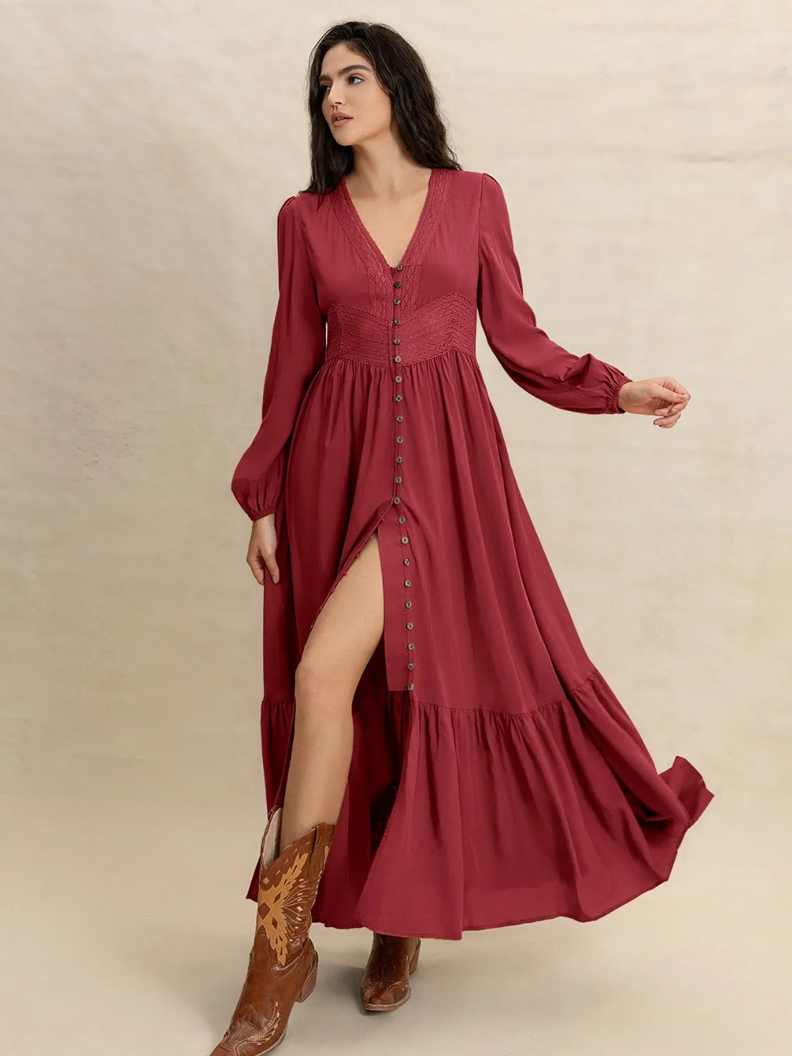 Buy V-Neck Balloon Sleeve Ruffled Hem Maxi Dress by Faz