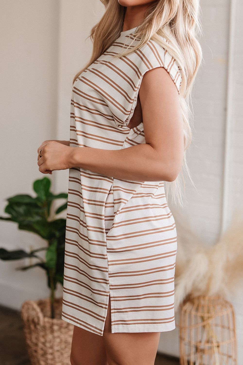 Buy Stripe Round Neck Sleeveless Pocketed Mini Dress by Faz