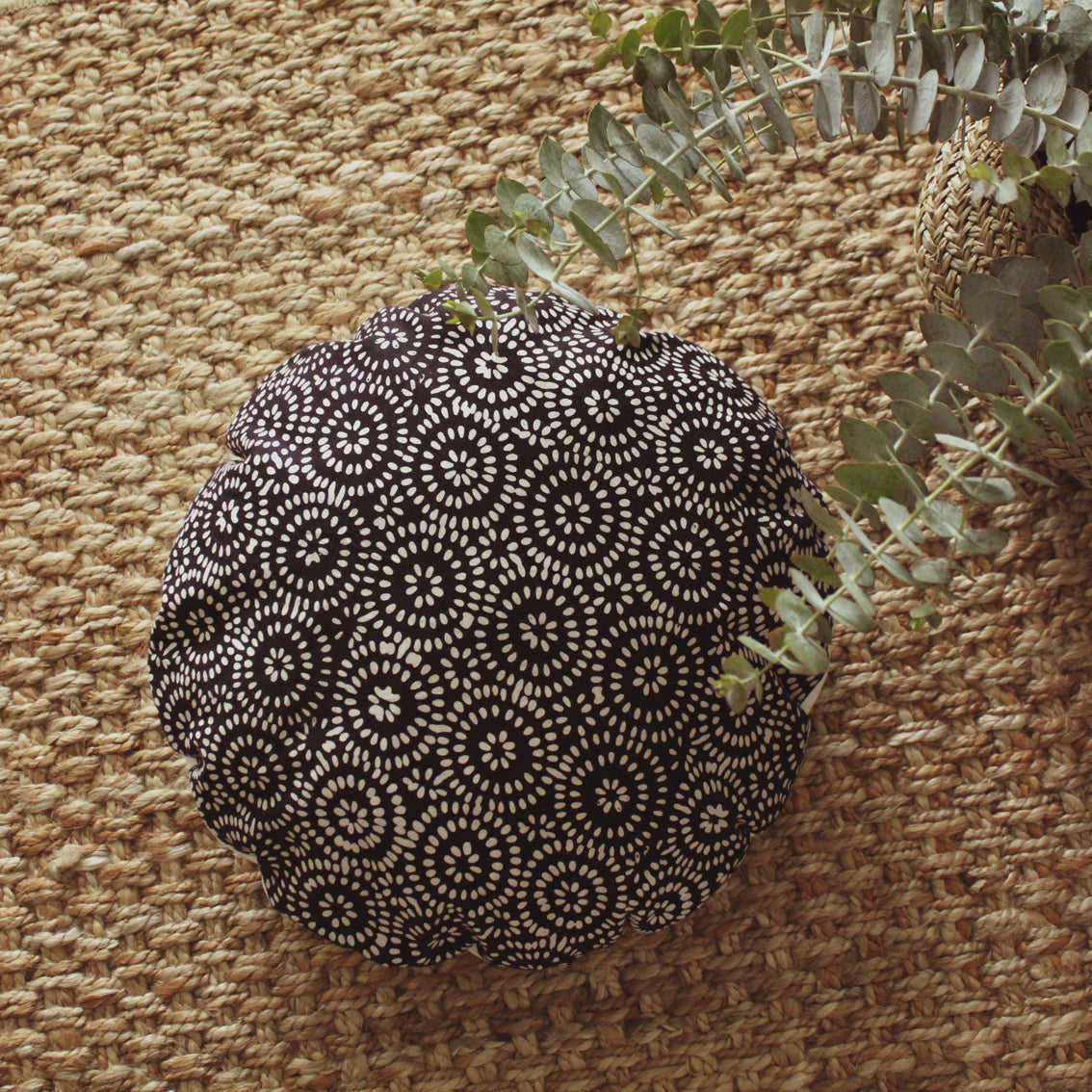 Traditional Batik Decorative Round Pillow Cover 16" - In Dark Navy