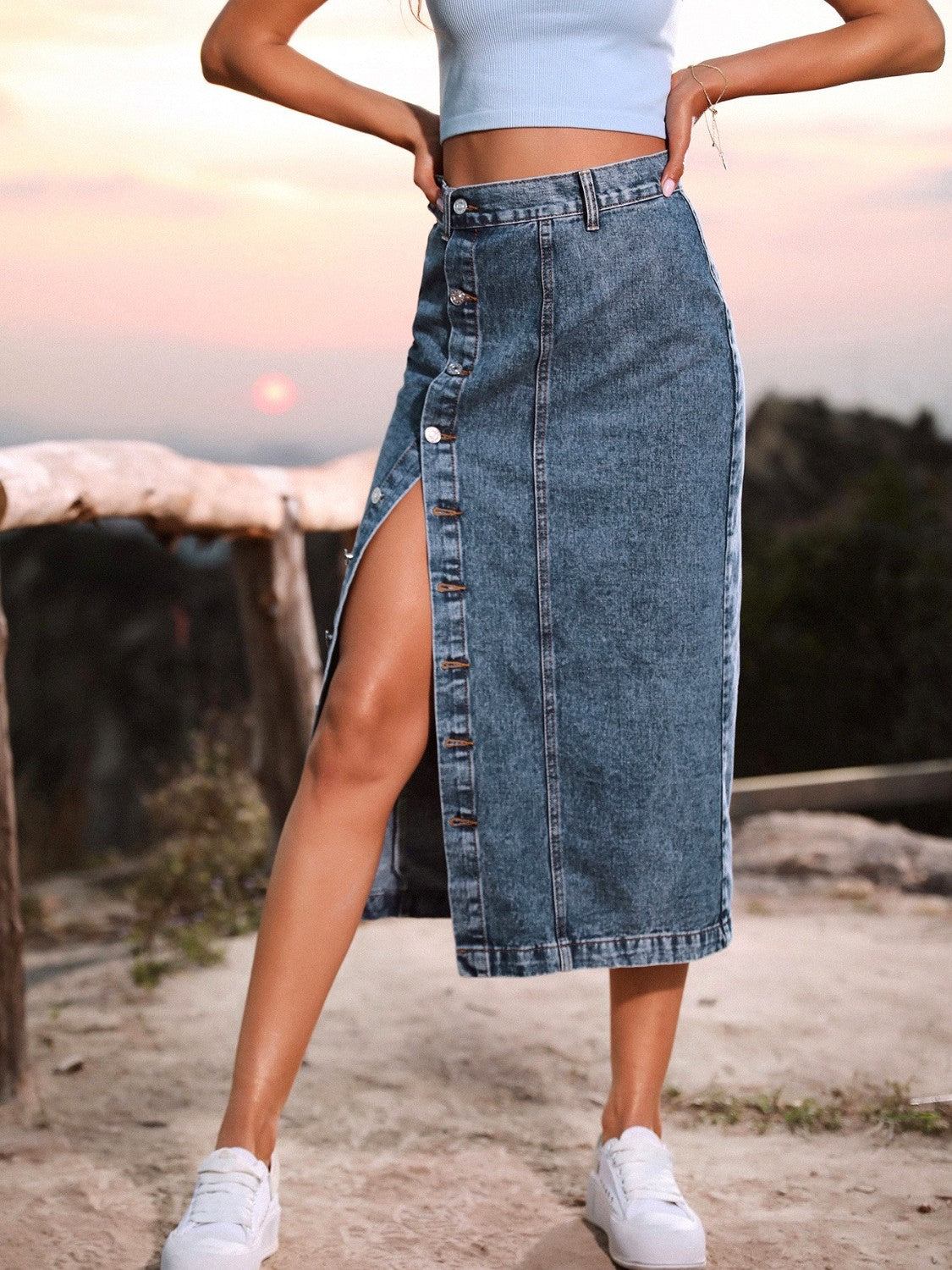 Buy Button Down Denim Skirt by Faz