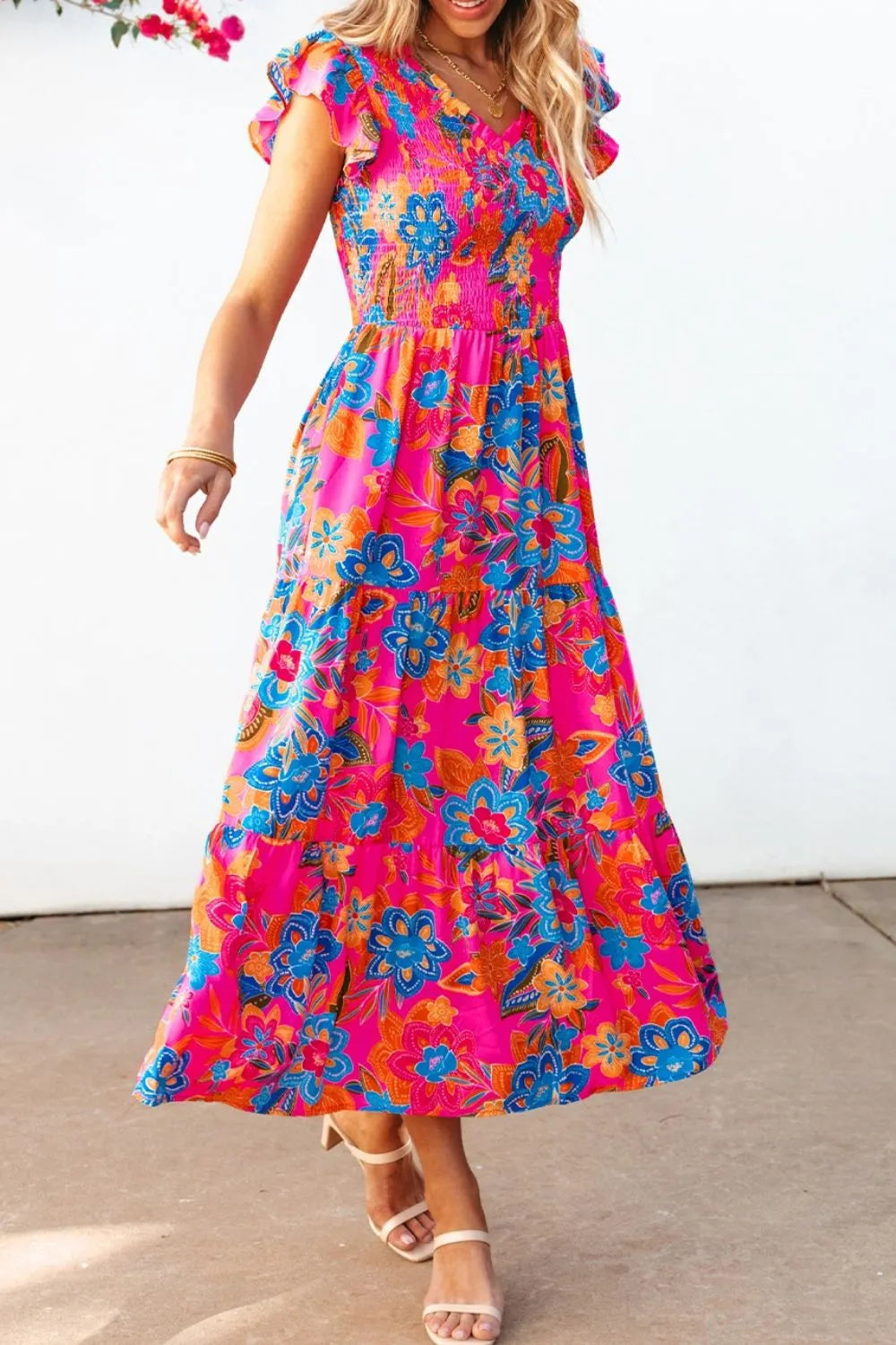 Buy Boho Floral V Neck Ruffle Tiered Dress by Faz