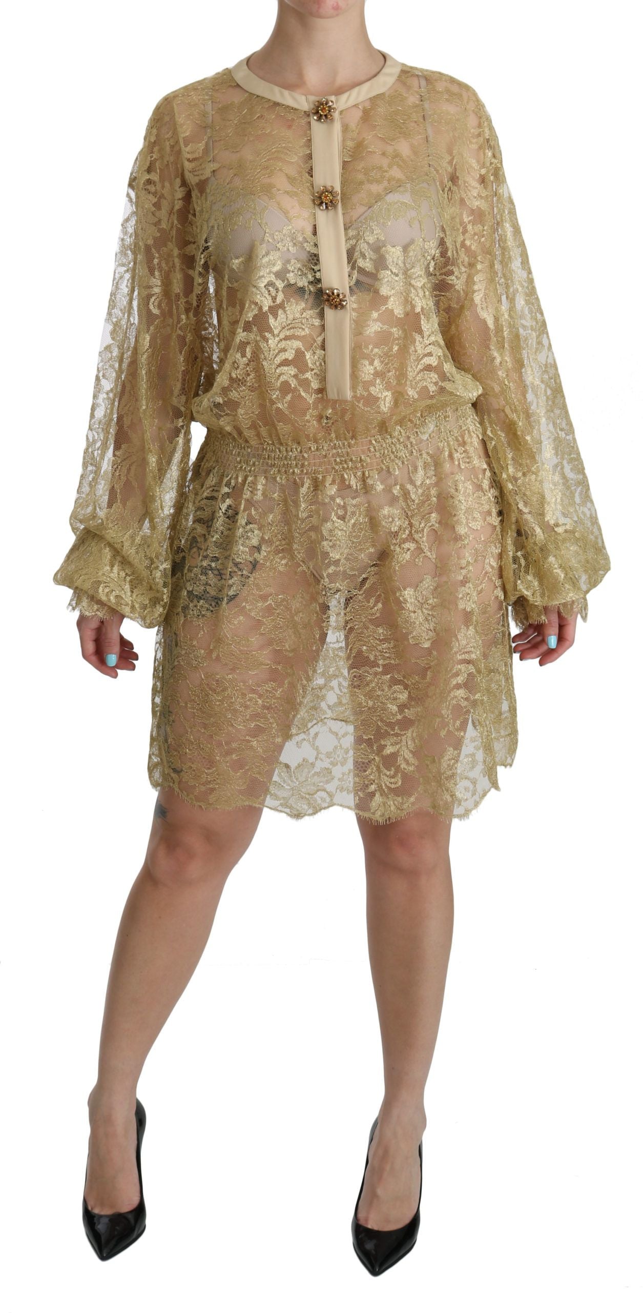 Buy Elegant Gold Lace A-Line Knee Length Dress by Dolce & Gabbana