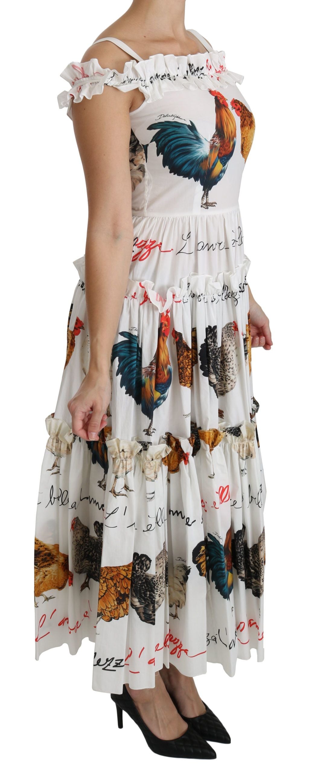 Buy Elegant White Rooster Print Sheath Midi Dress by Dolce & Gabbana