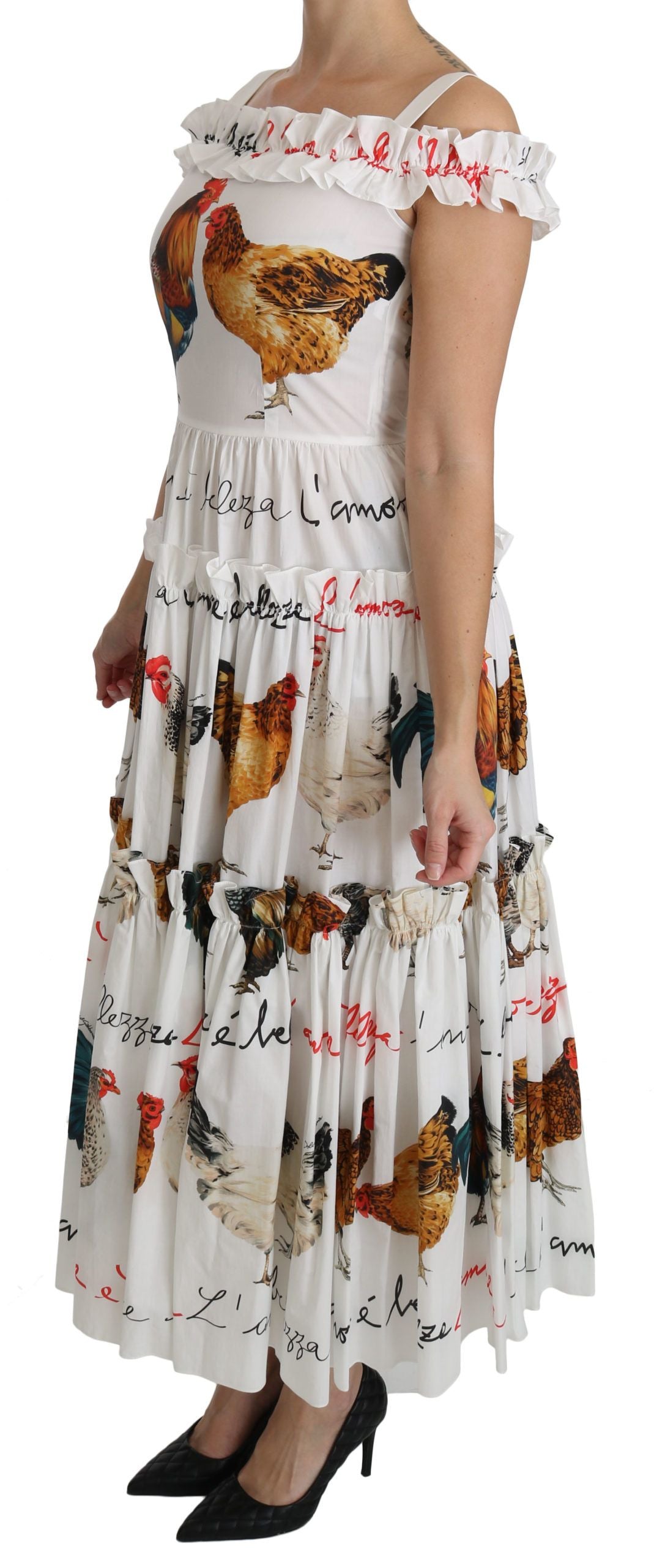 Buy Elegant White Rooster Print Sheath Midi Dress by Dolce & Gabbana