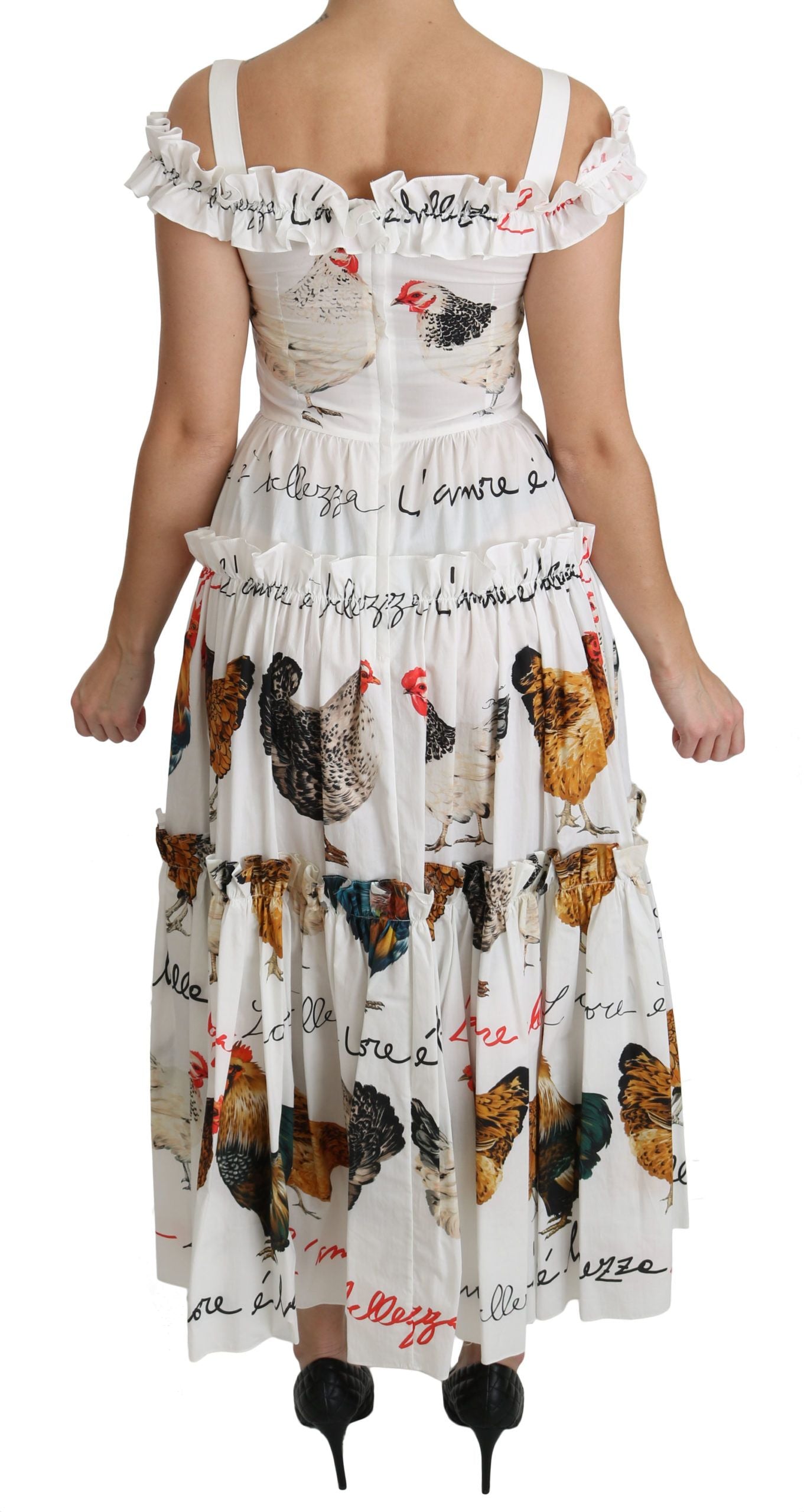 Buy Elegant White Rooster Print Sheath Midi Dress by Dolce & Gabbana