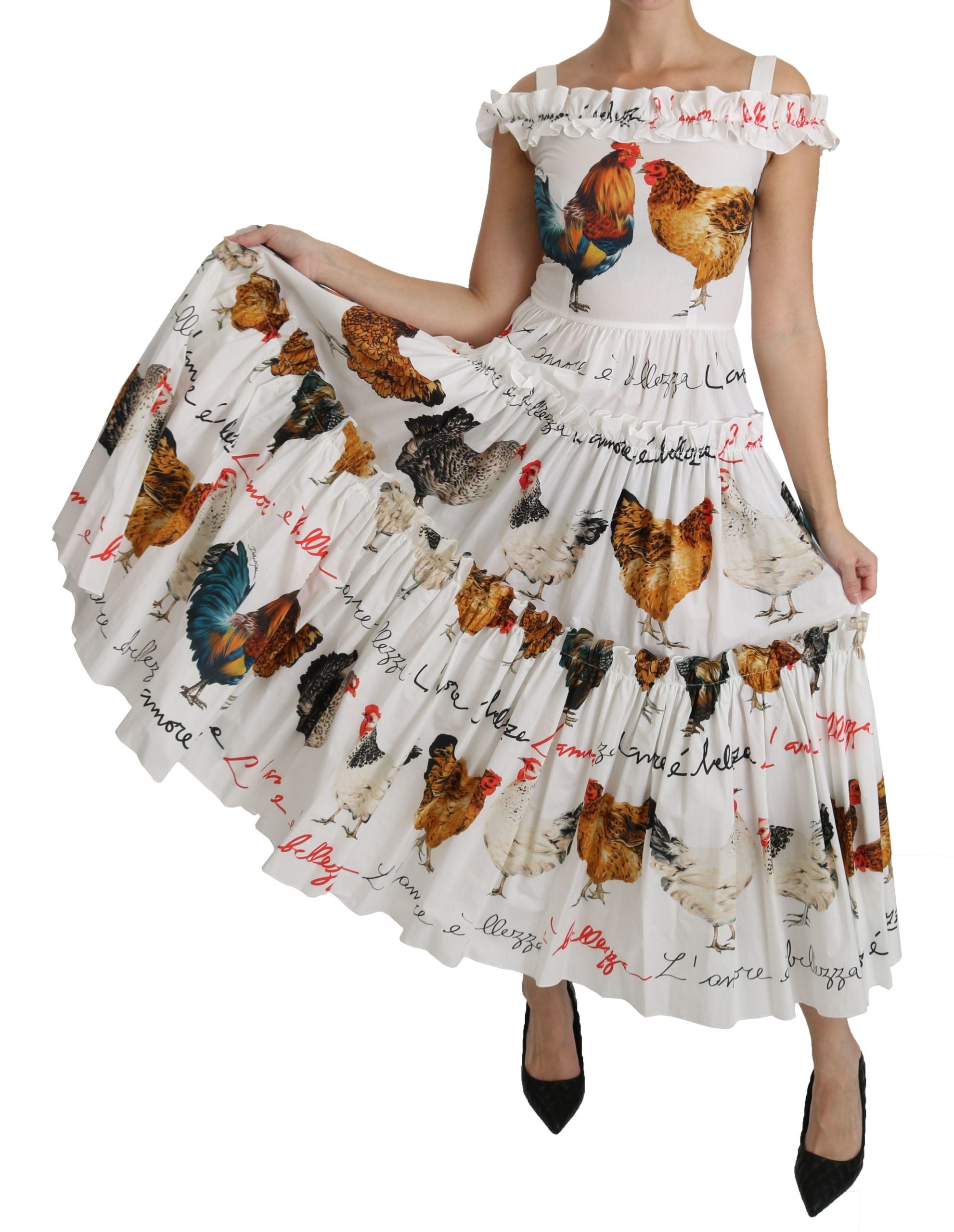 Buy Elegant White Rooster Print Sheath Midi Dress by Dolce & Gabbana