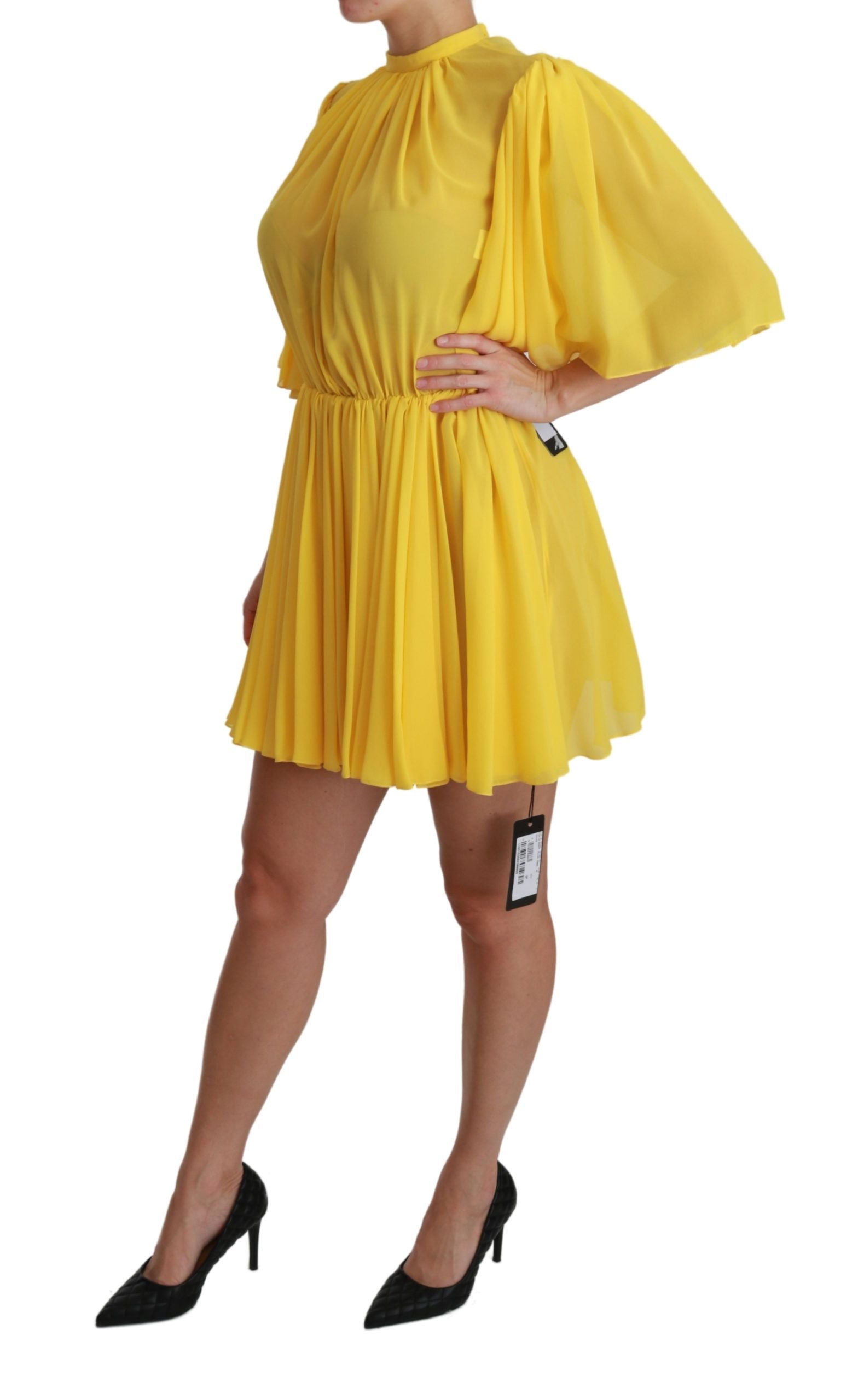 Buy Silk Pleated A-line Mini Dress in Sunshine Yellow by Dolce & Gabbana