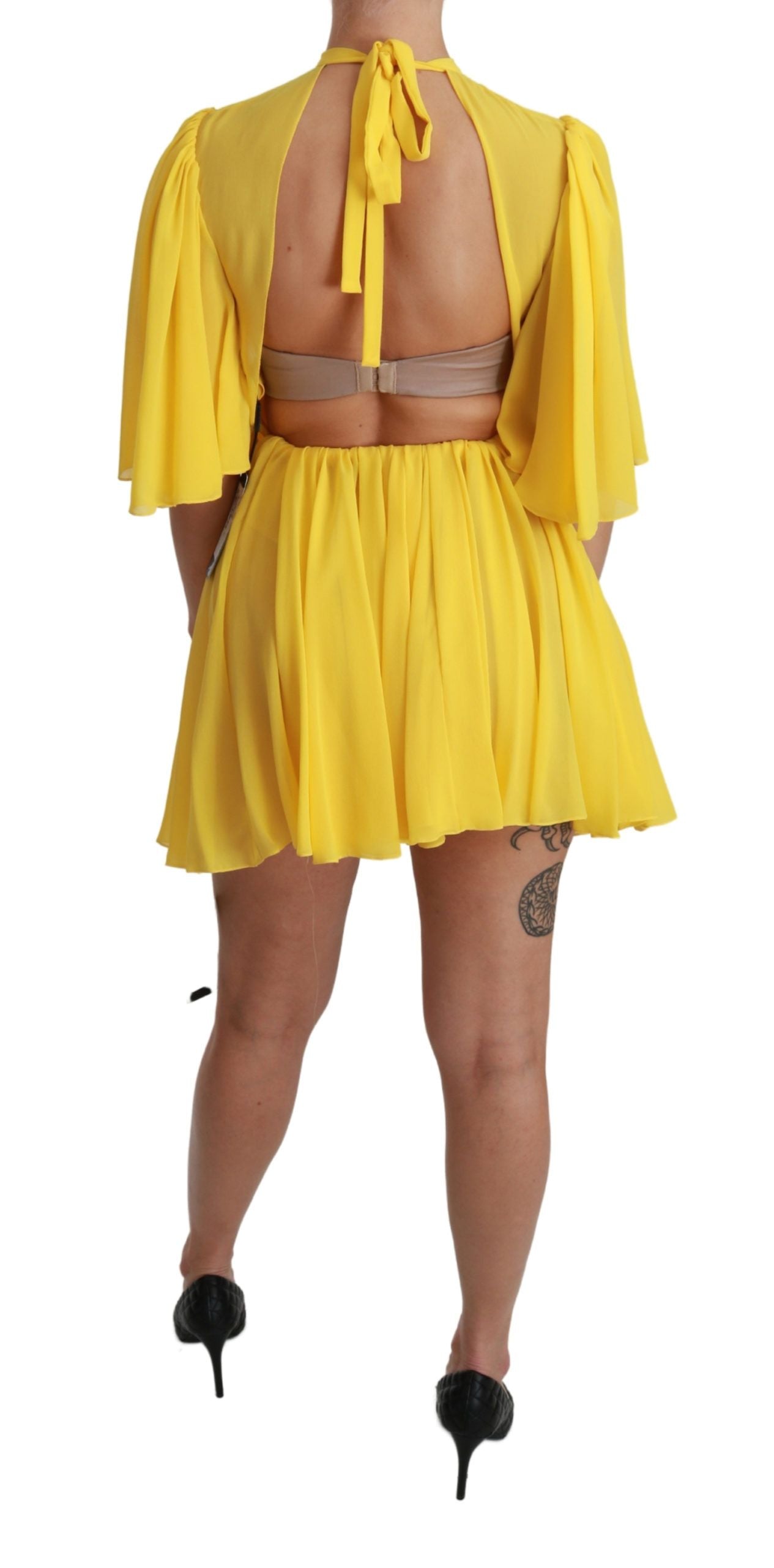 Buy Silk Pleated A-line Mini Dress in Sunshine Yellow by Dolce & Gabbana