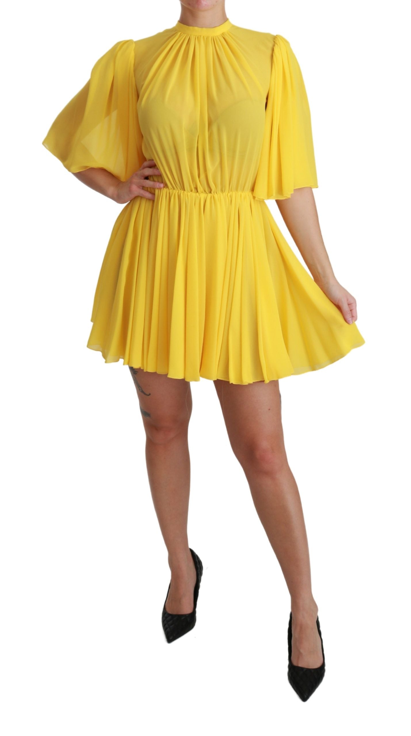 Buy Silk Pleated A-line Mini Dress in Sunshine Yellow by Dolce & Gabbana