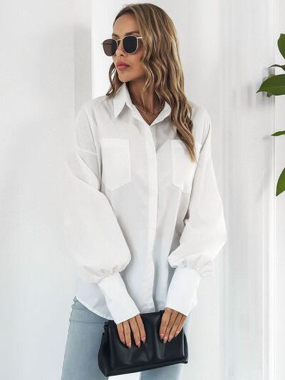 Buy Button Up Dropped Shoulder Lantern Sleeve Shirt by B&S