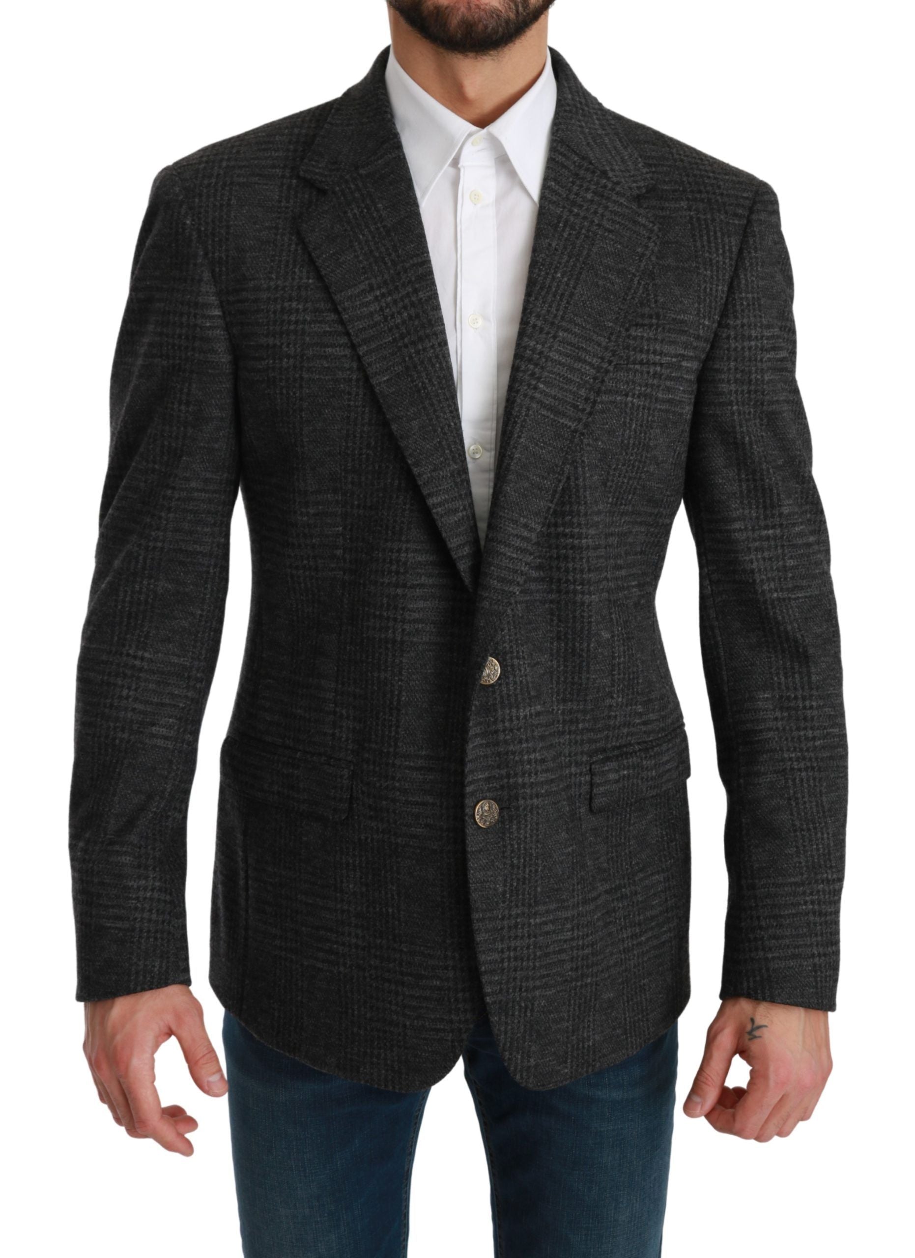 Elegant Gray Plaid Virgin Wool Blazer