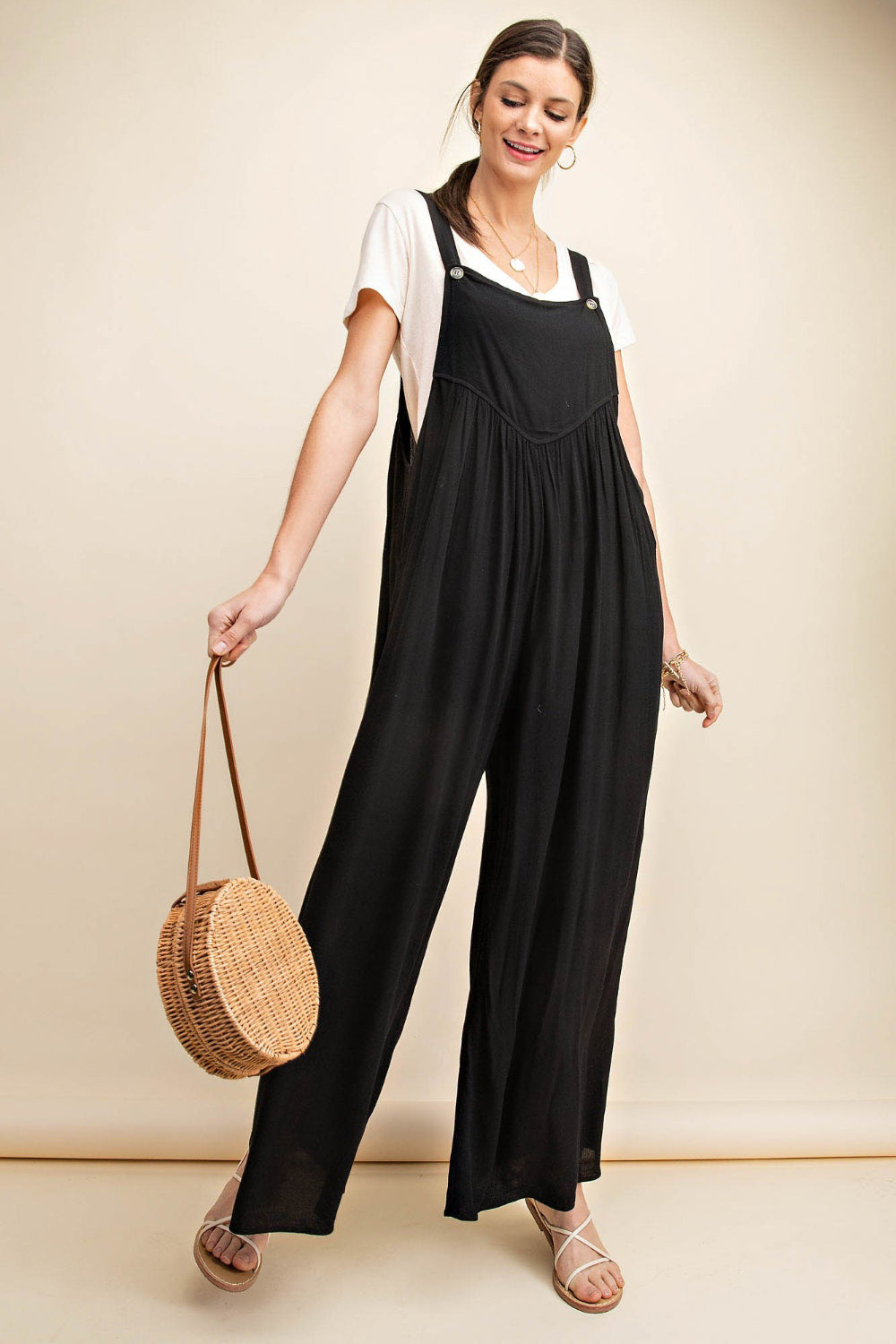 Buy Full Size Sleeveless Ruched Wide Leg Overalls by Faz