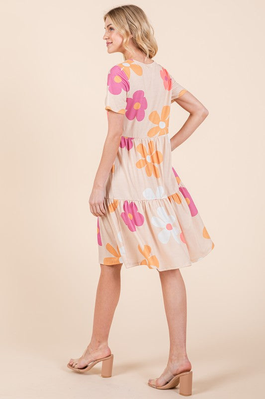 Buy Floral Round Neck Short Sleeve Tiered Dress by Faz