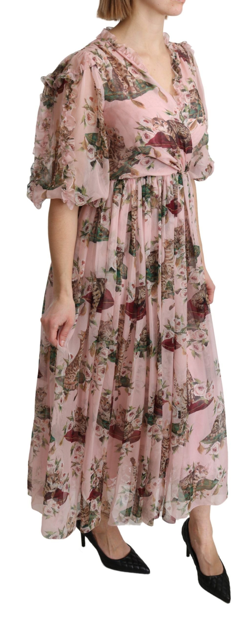 Elegant Pink Bengal Cat Print A-Line Maxi Dress